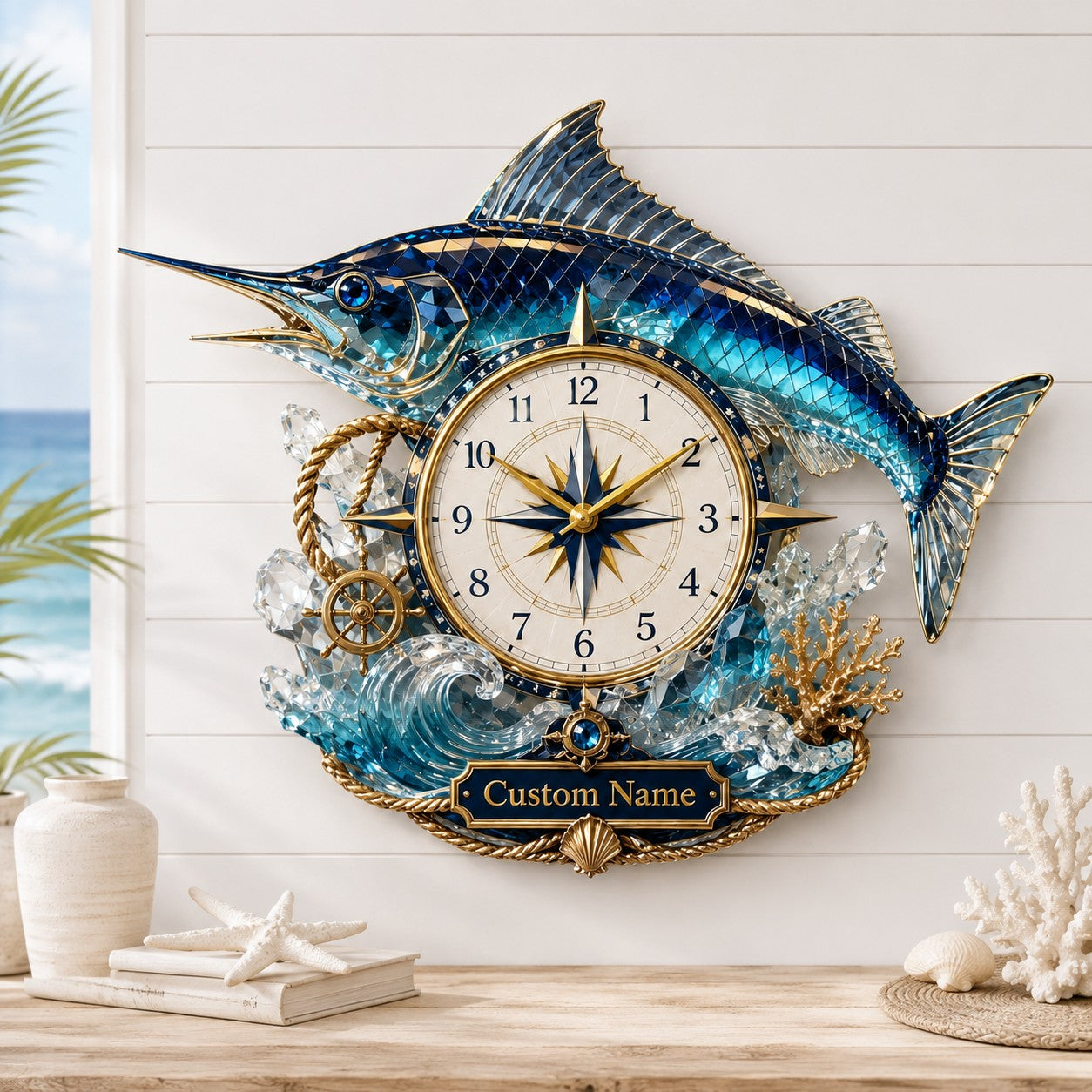 Personalized Blue Marlin Wall Clock with Custom Name — personalized with a custom name