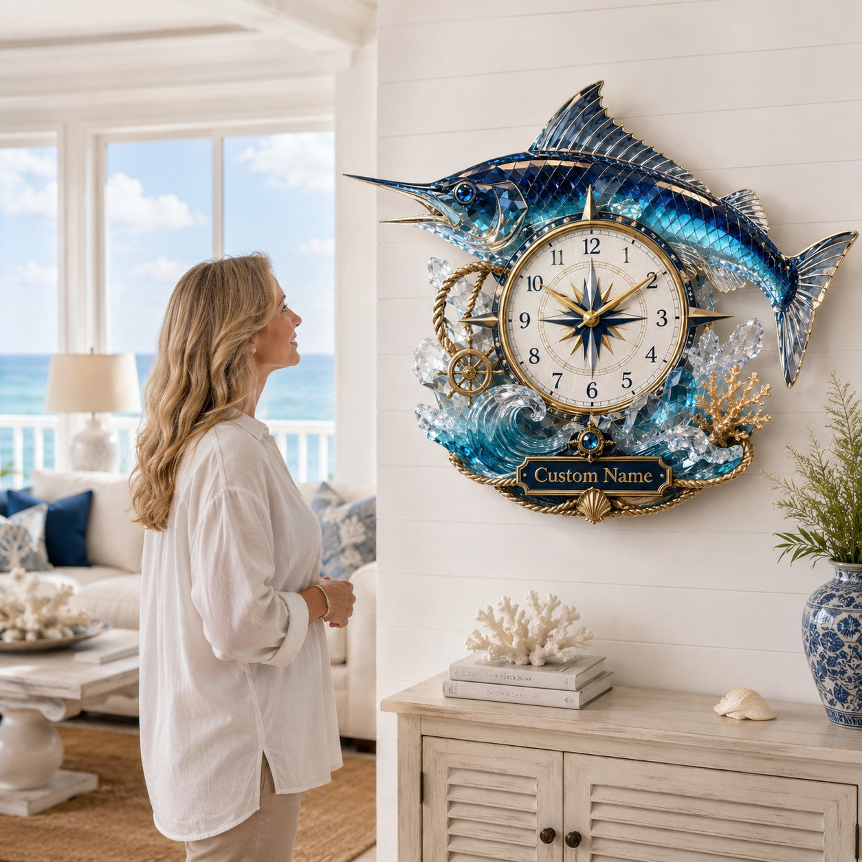 Personalized Blue Marlin Wall Clock with Custom Name — personalized with a custom name
