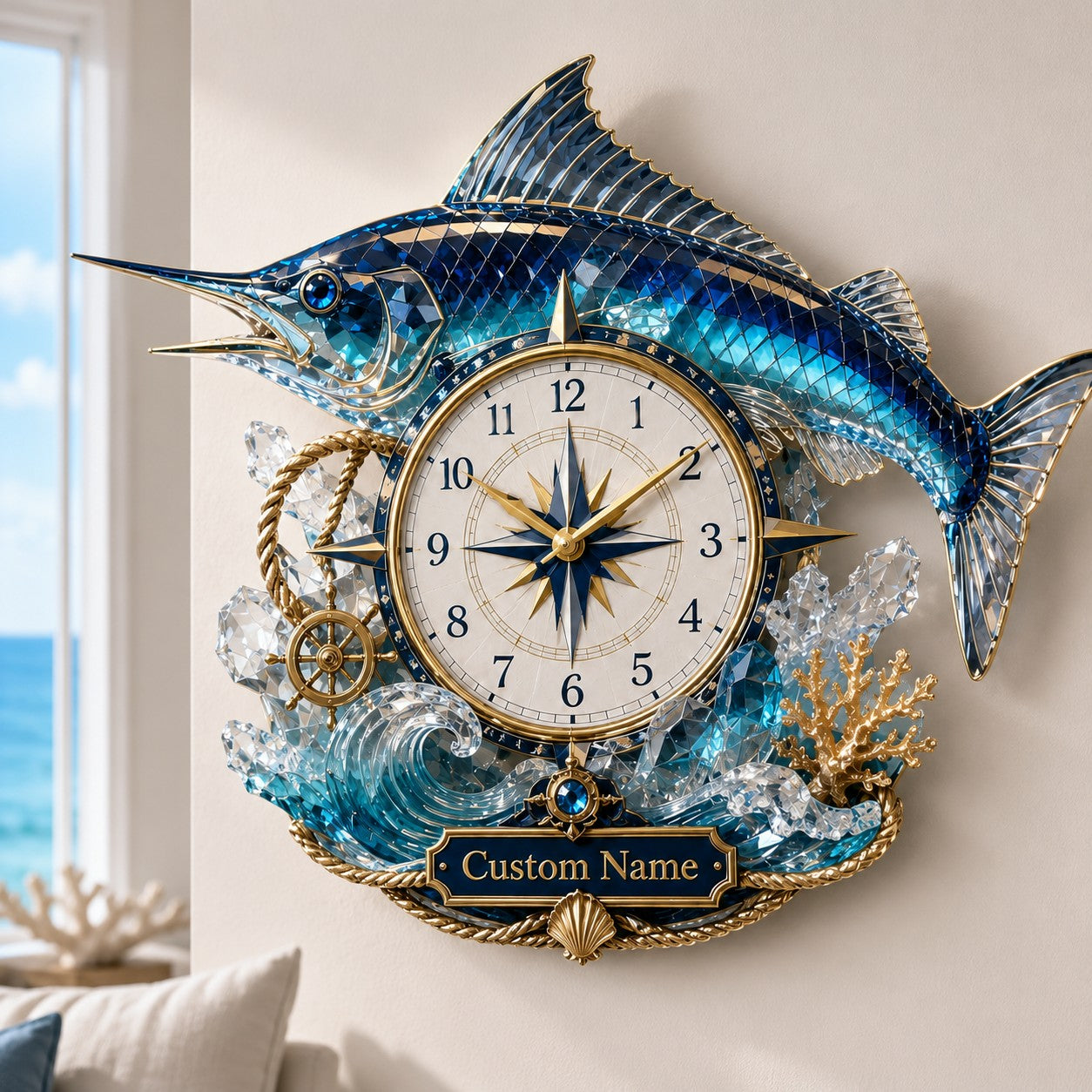 Personalized Blue Marlin Wall Clock with Custom Name — personalized with a custom name
