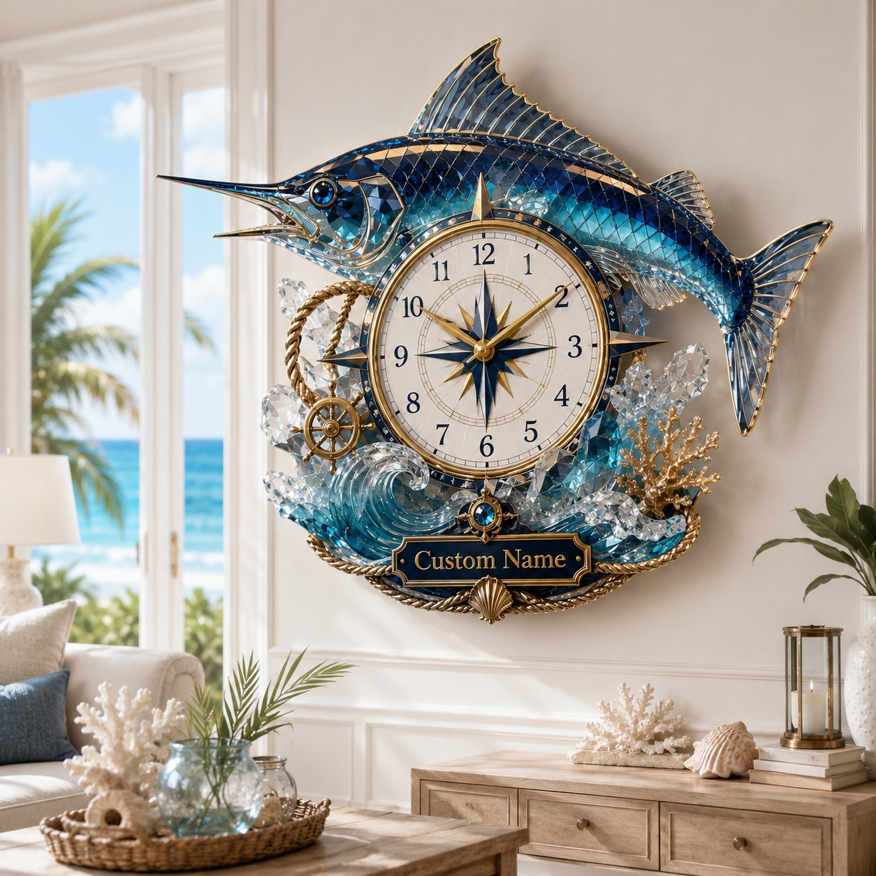 Personalized Blue Marlin Wall Clock with Custom Name — personalized with a custom name