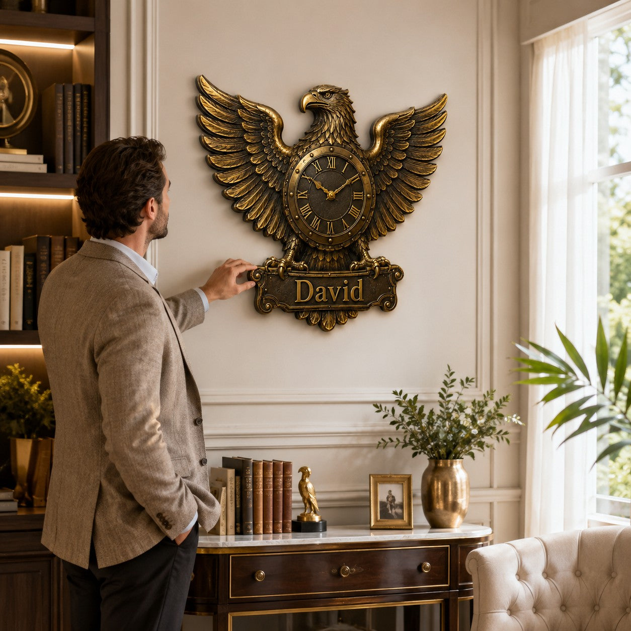 Personalized Bronze Eagle Wall Clock with Custom Name — personalized with a custom name
