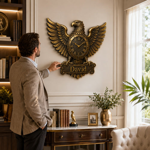 Personalized Bronze Eagle Wall Clock with Custom Name — personalized with a custom name