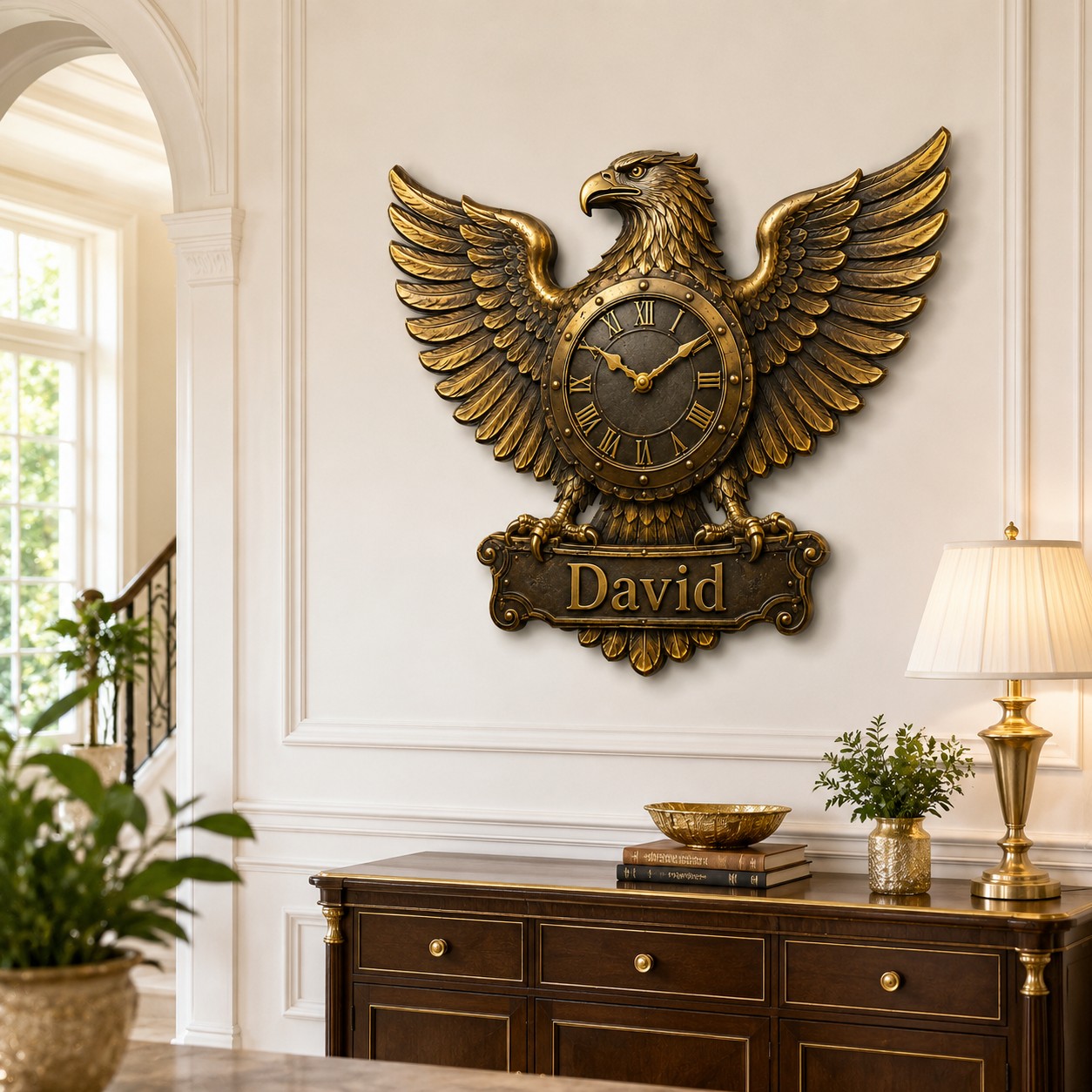 Personalized Bronze Eagle Wall Clock with Custom Name — personalized with a custom name