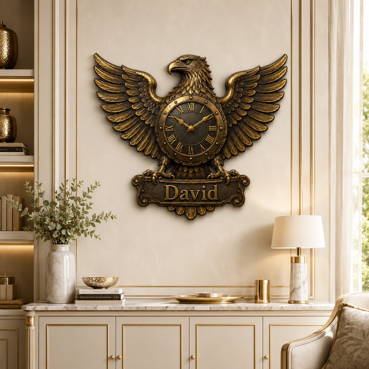 Personalized Bronze Eagle Wall Clock with Custom Name — personalized with a custom name