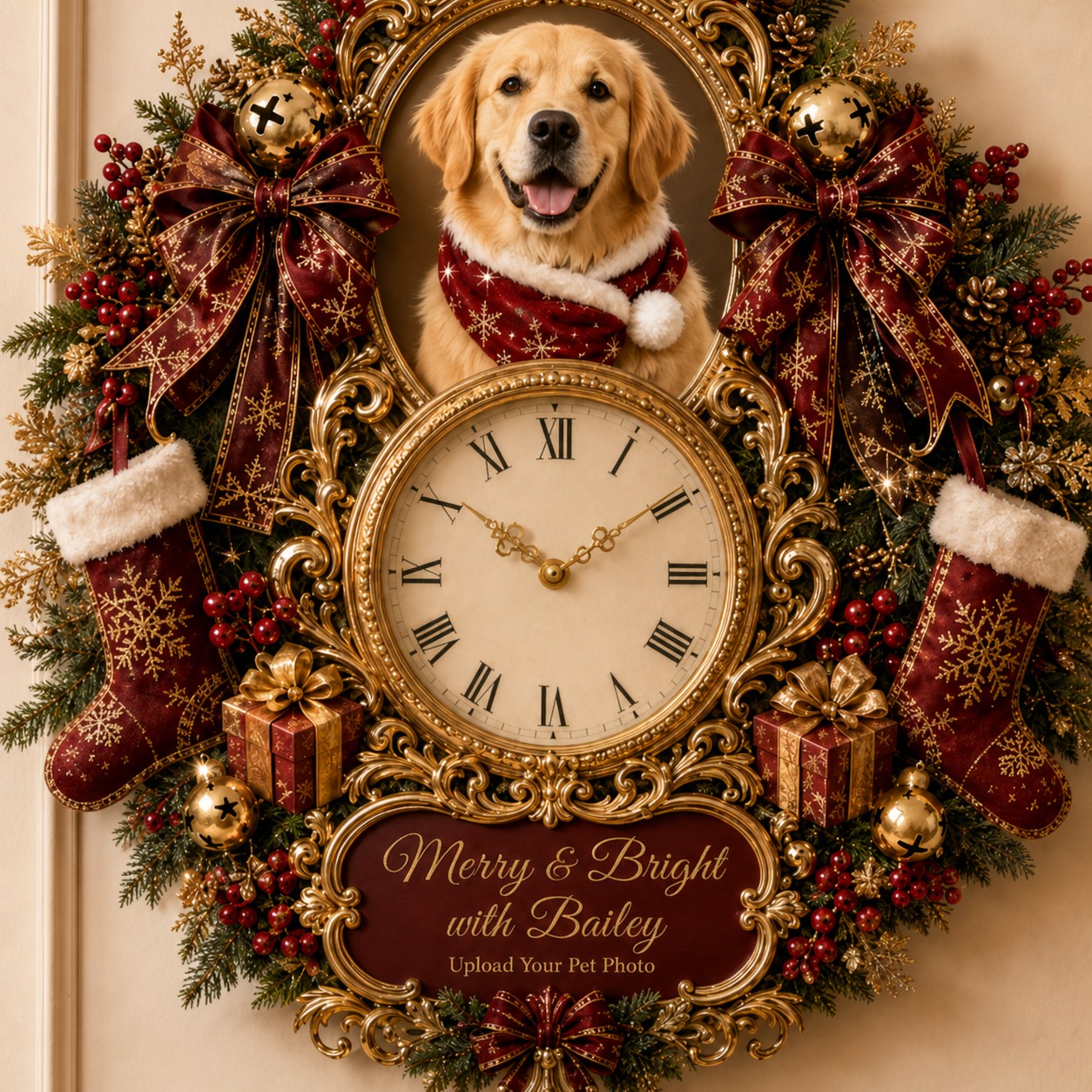 Personalized Christmas Dog Wall Clock, Custom Name Gift for Dog Lovers (Design 2) — personalized with a custom name