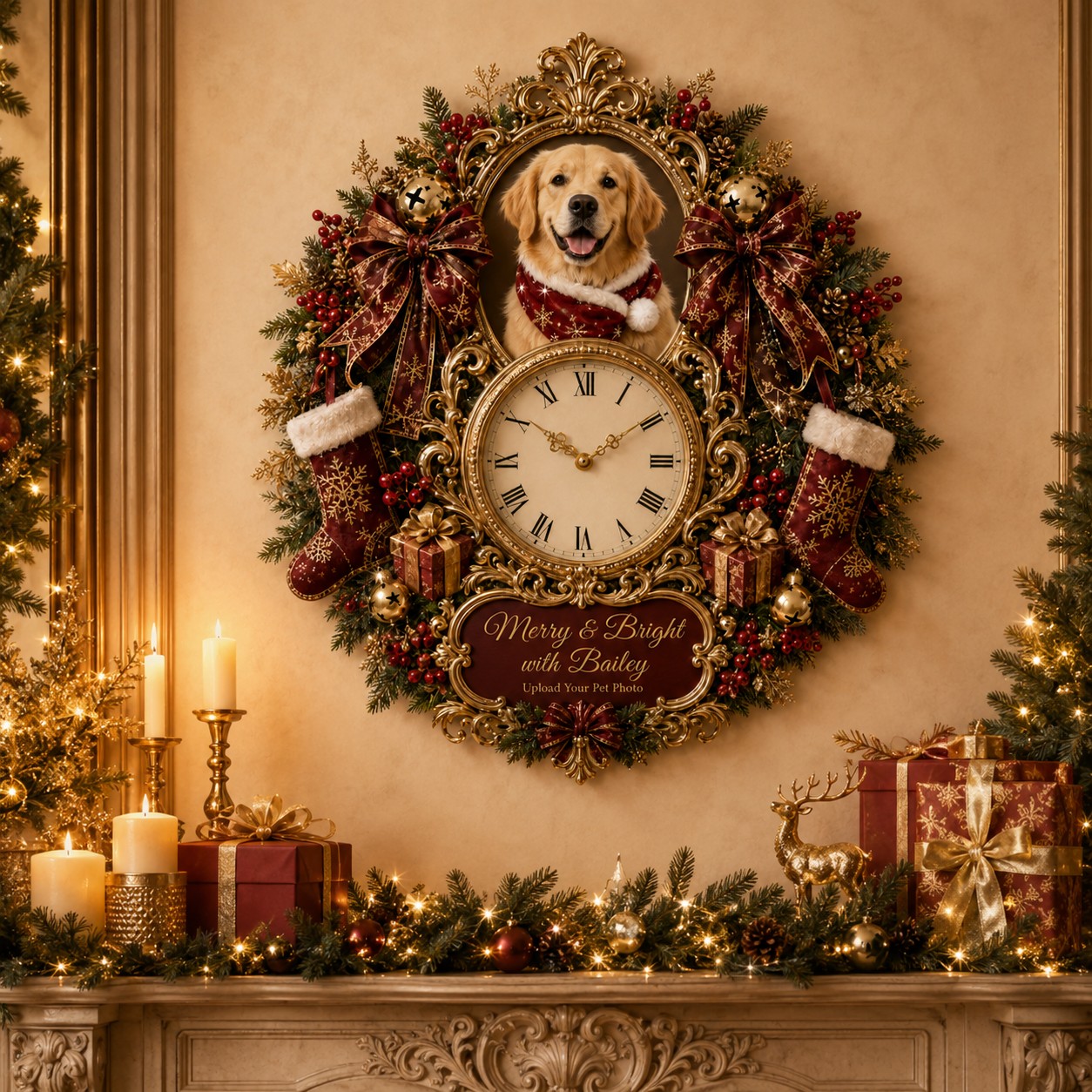 Personalized Christmas Dog Wall Clock, Custom Name Gift for Dog Lovers (Design 2) — personalized with a custom name
