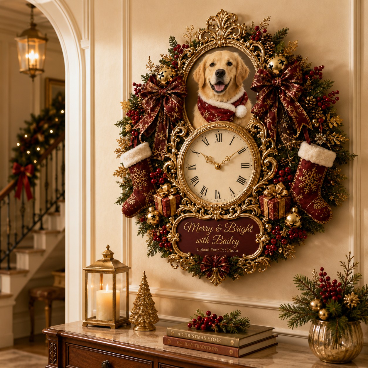 Personalized Christmas Dog Wall Clock, Custom Name Gift for Dog Lovers (Design 2) — personalized with a custom name
