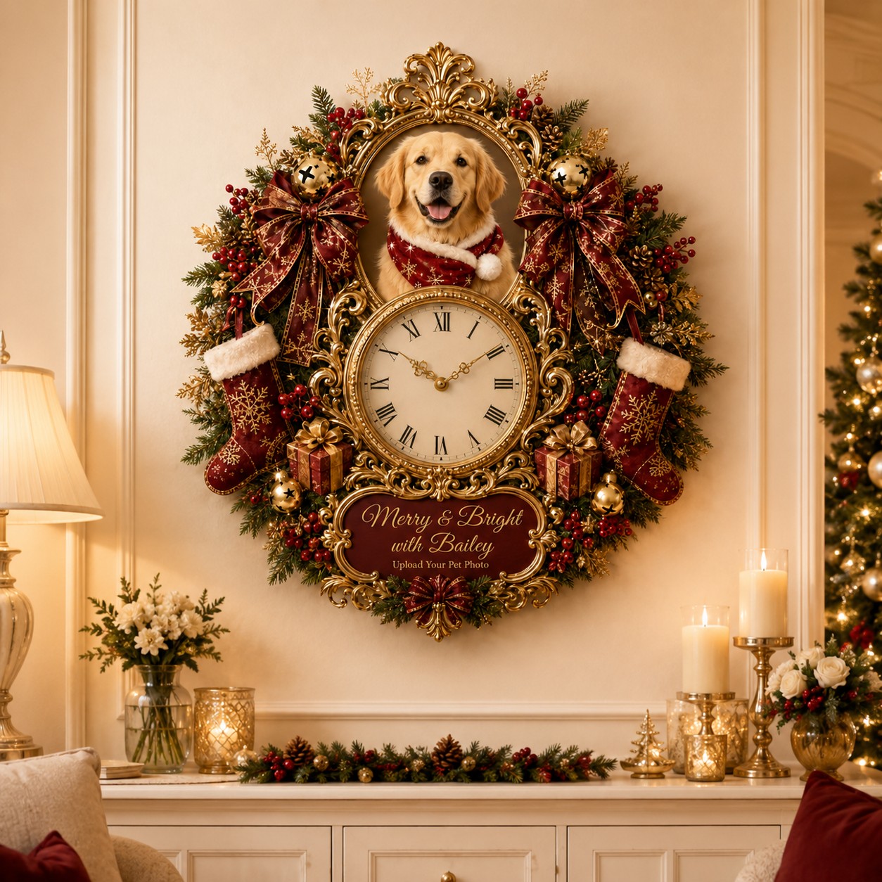 Personalized Christmas Dog Wall Clock, Custom Name Gift for Dog Lovers (Design 2) — personalized with a custom name