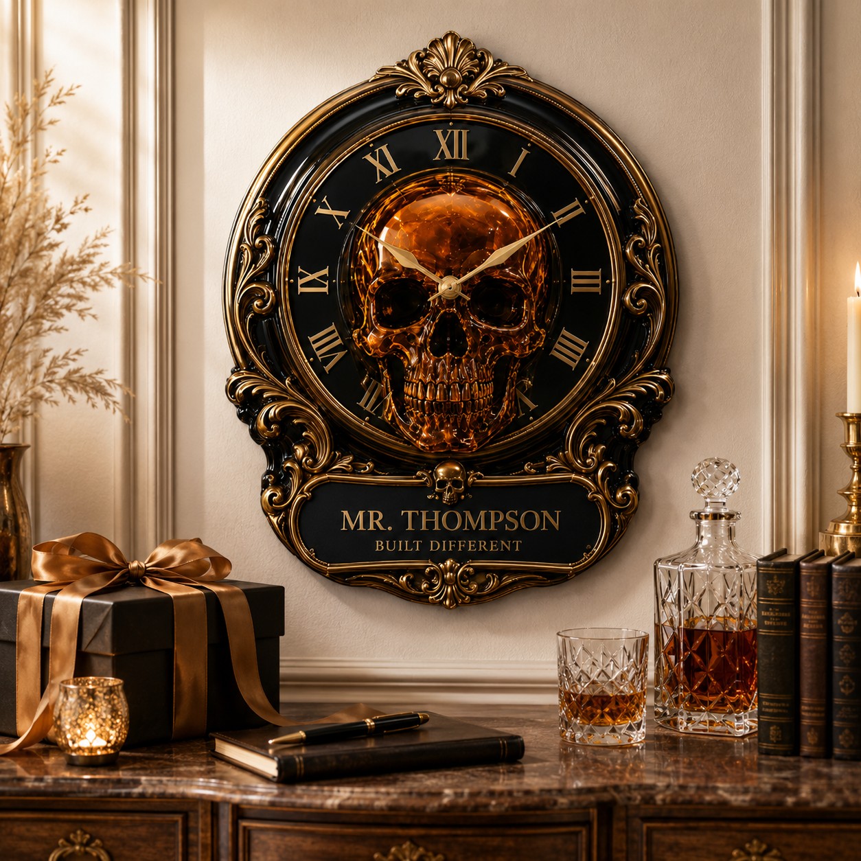 Personalized Luxury Skull Wall Clock with Custom Name — personalized with a custom name