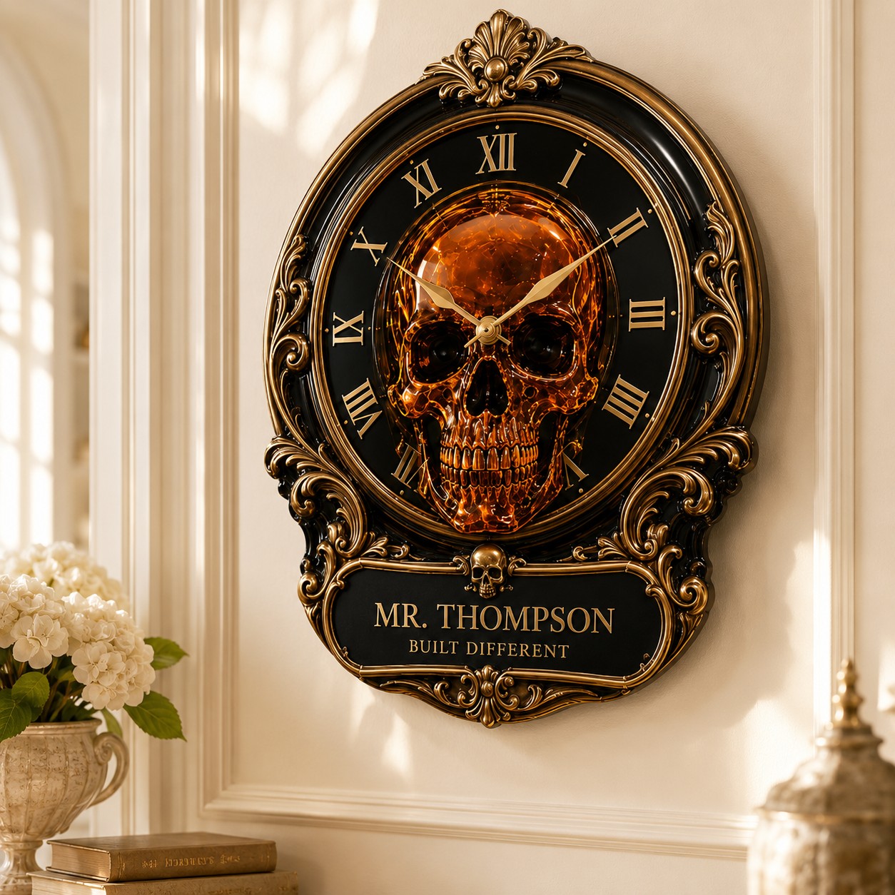 Personalized Luxury Skull Wall Clock with Custom Name — personalized with a custom name