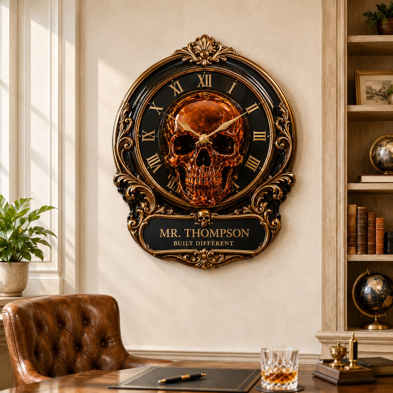 Personalized Luxury Skull Wall Clock with Custom Name — personalized with a custom name