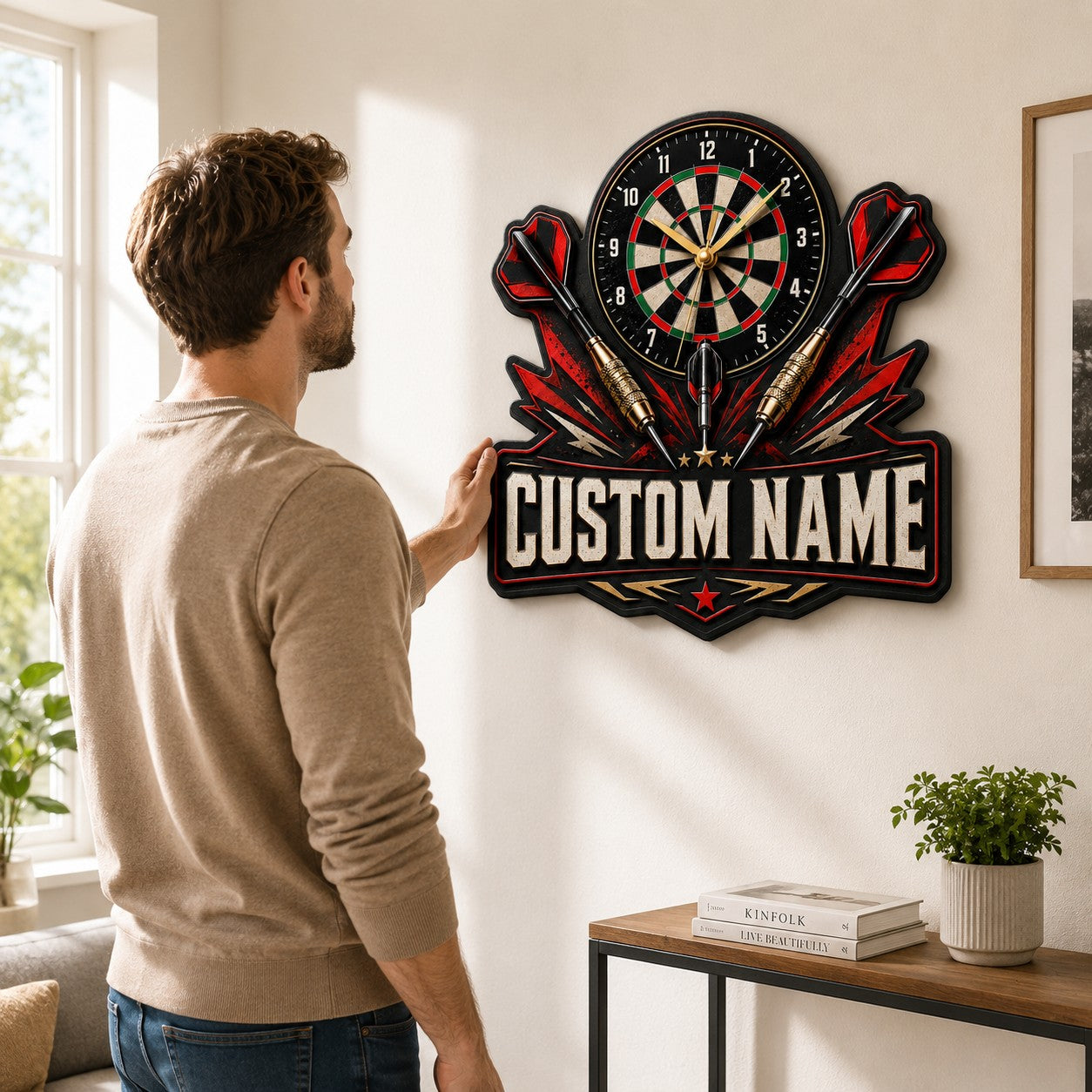 Personalized Darts Game Wall Clock with Custom Name — personalized with a custom name