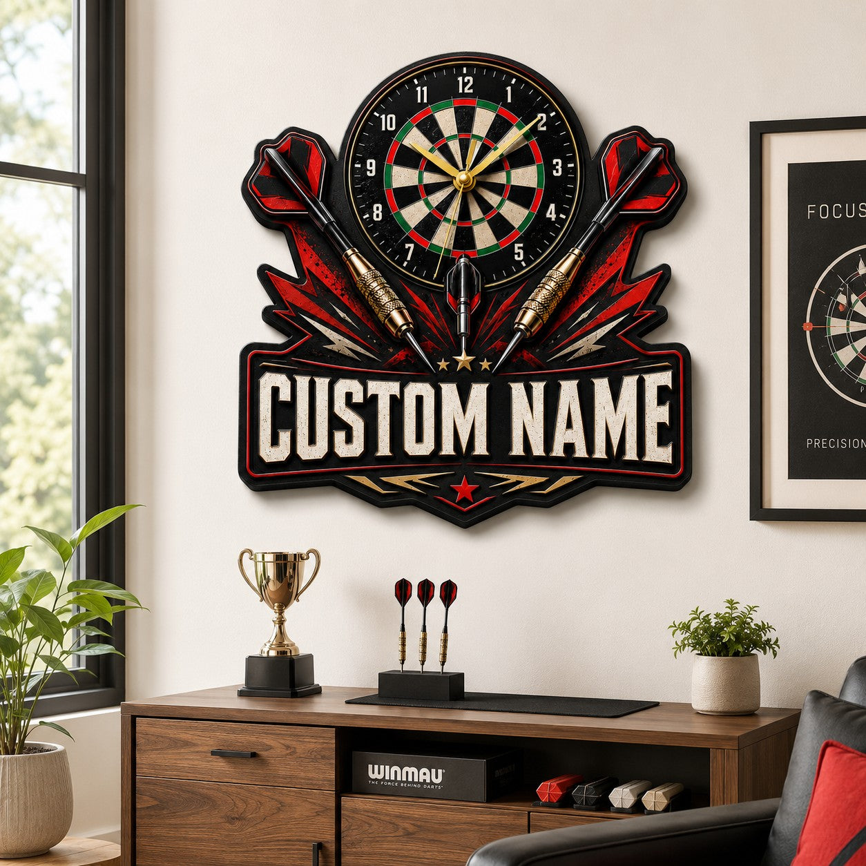 Personalized Darts Game Wall Clock with Custom Name — personalized with a custom name