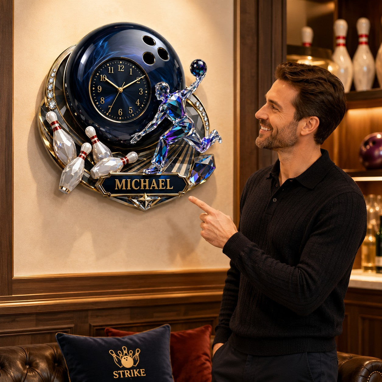 Personalized Bowling Ball Wall Clock with Custom Name — personalized with a custom name