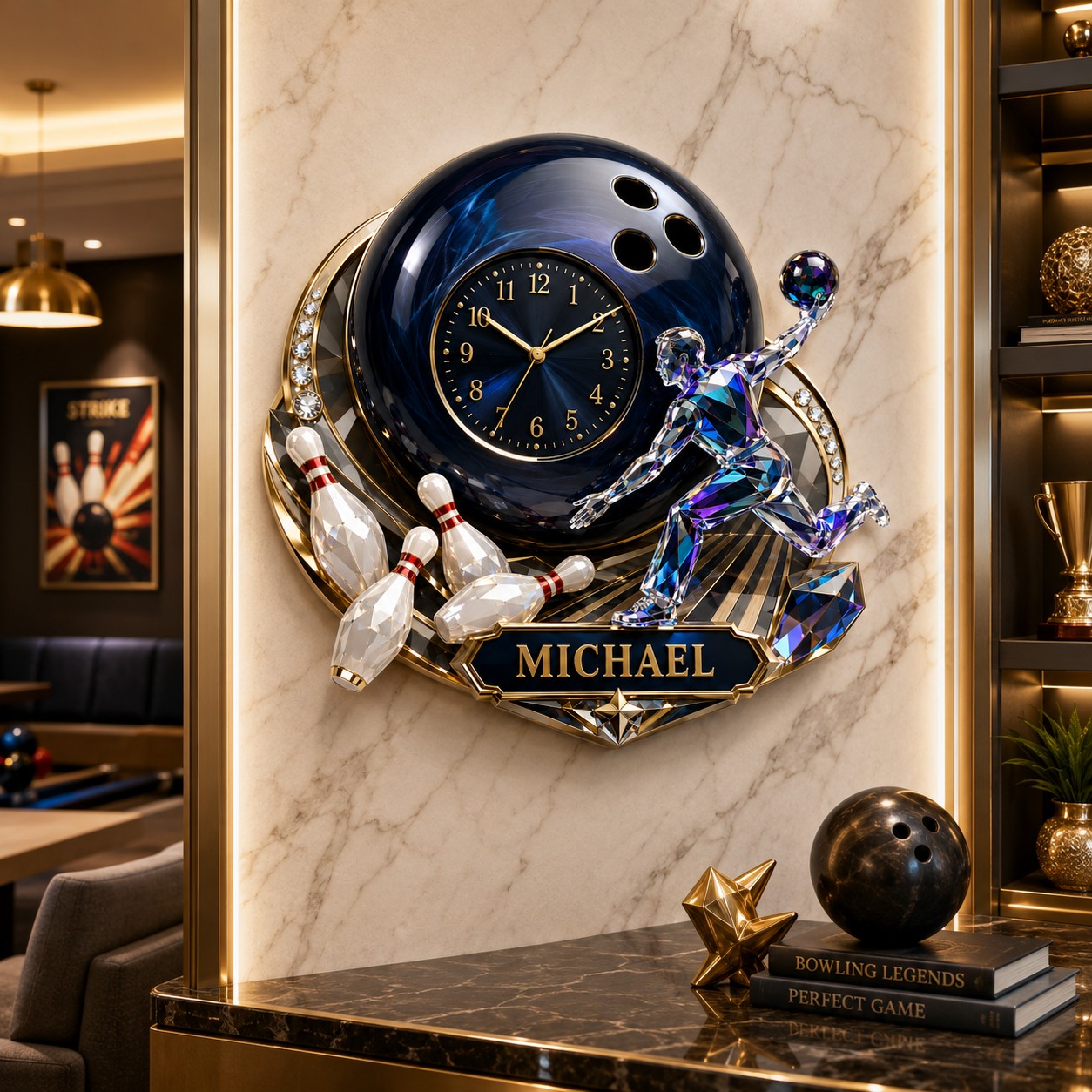 Personalized Bowling Ball Wall Clock with Custom Name — personalized with a custom name