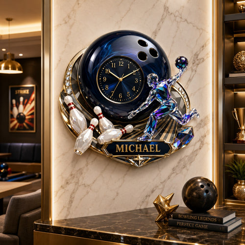 Personalized Bowling Ball Wall Clock with Custom Name — personalized with a custom name
