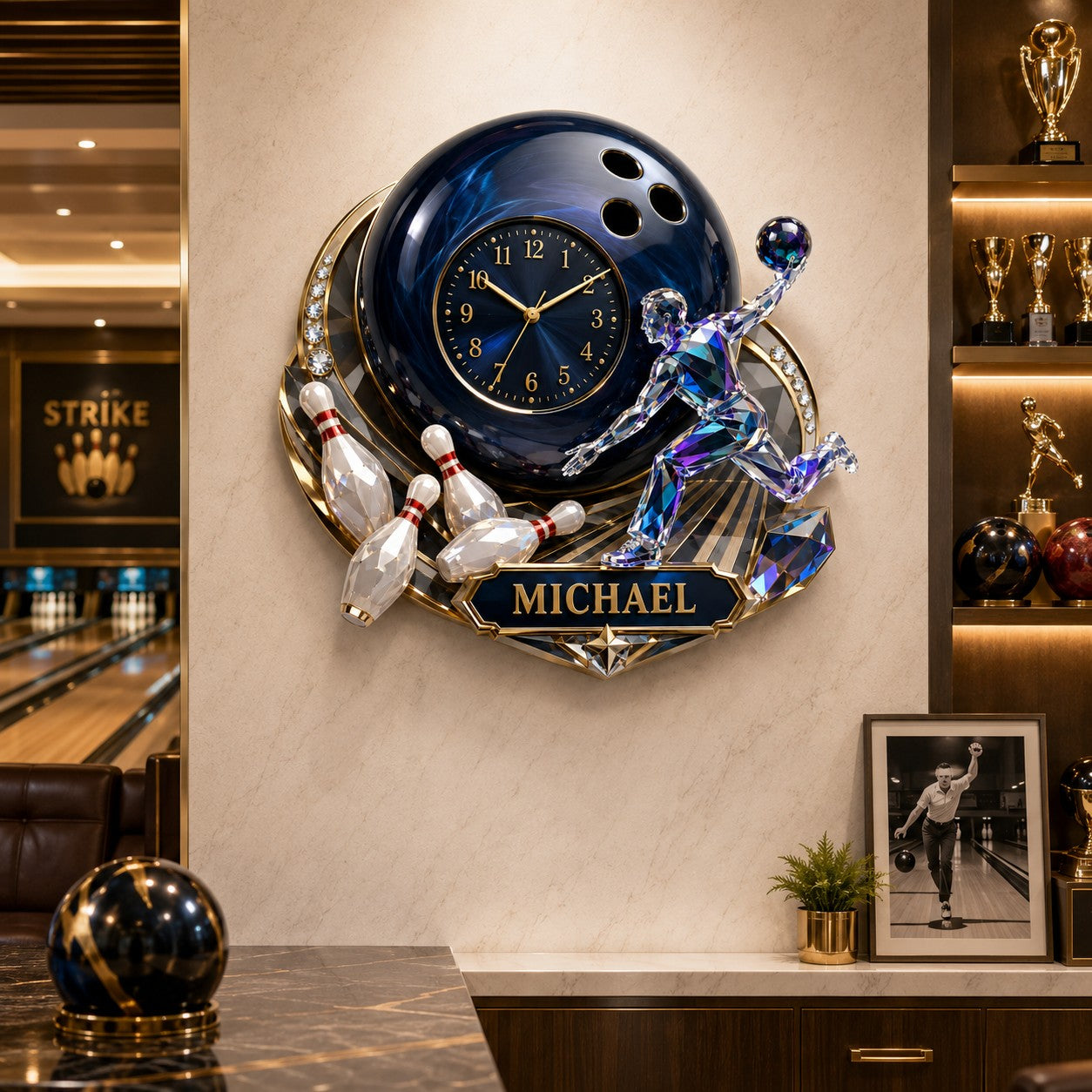 Personalized Bowling Ball Wall Clock with Custom Name — personalized with a custom name