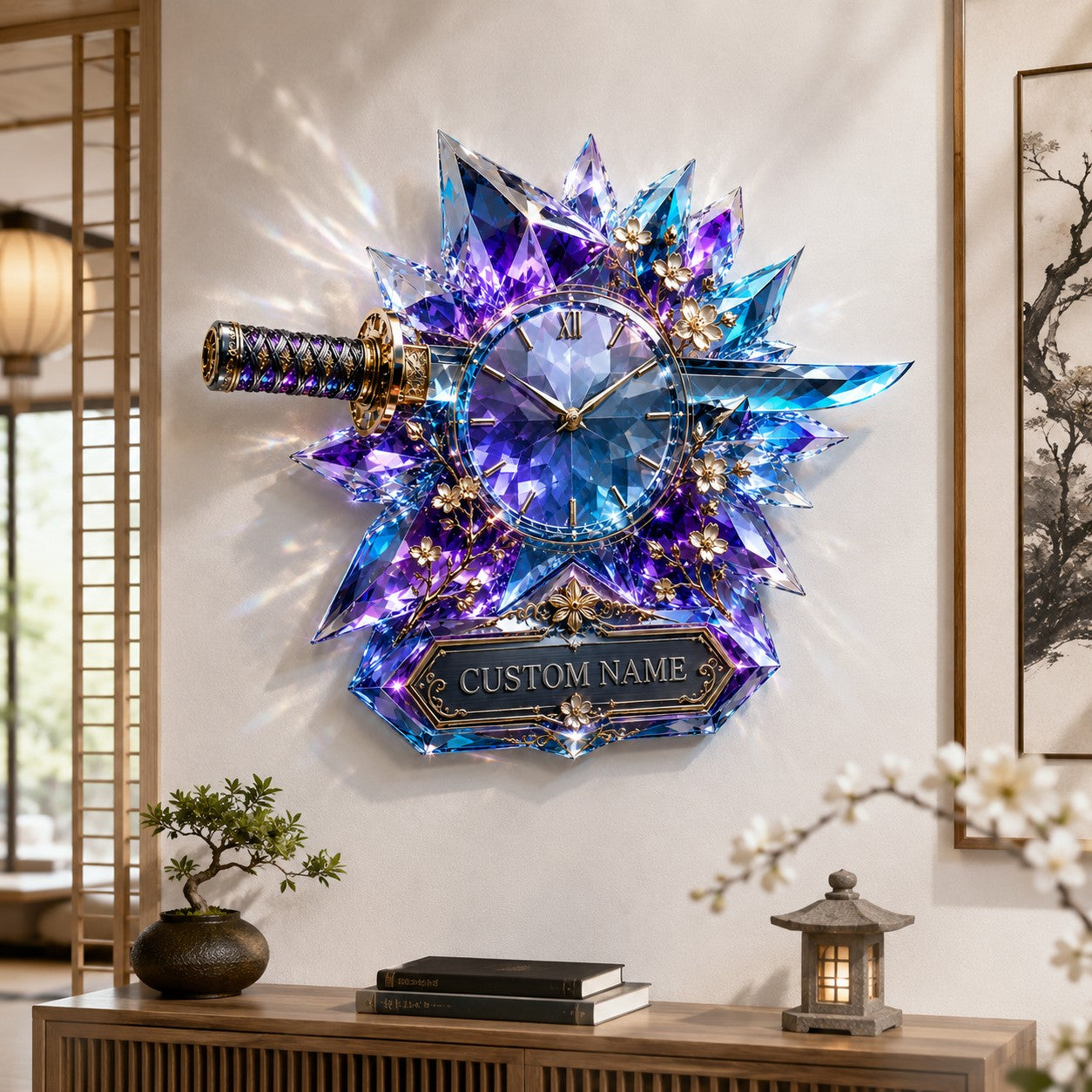 Personalized Blue Crystal Katana Wall Clock with Custom Name — personalized with a custom name