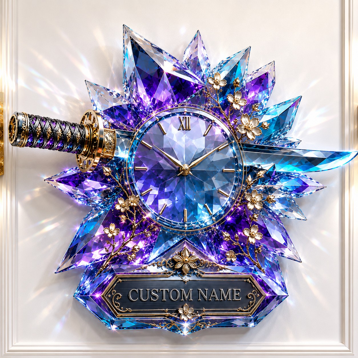 Personalized Blue Crystal Katana Wall Clock with Custom Name — personalized with a custom name