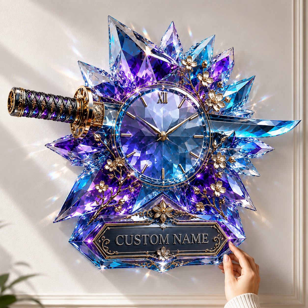 Personalized Blue Crystal Katana Wall Clock with Custom Name — personalized with a custom name