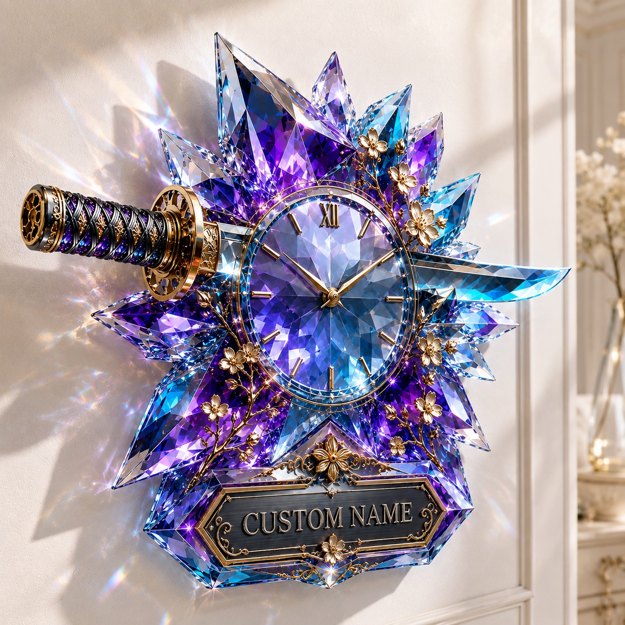 Personalized Blue Crystal Katana Wall Clock with Custom Name — personalized with a custom name