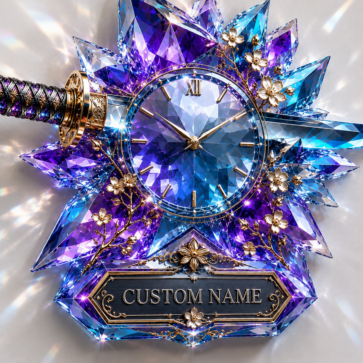 Personalized Blue Crystal Katana Wall Clock with Custom Name — personalized with a custom name