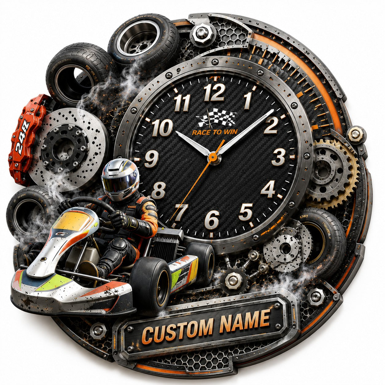 Personalized Karting Competitors Wall Clock with Custom Name — personalized with a custom name