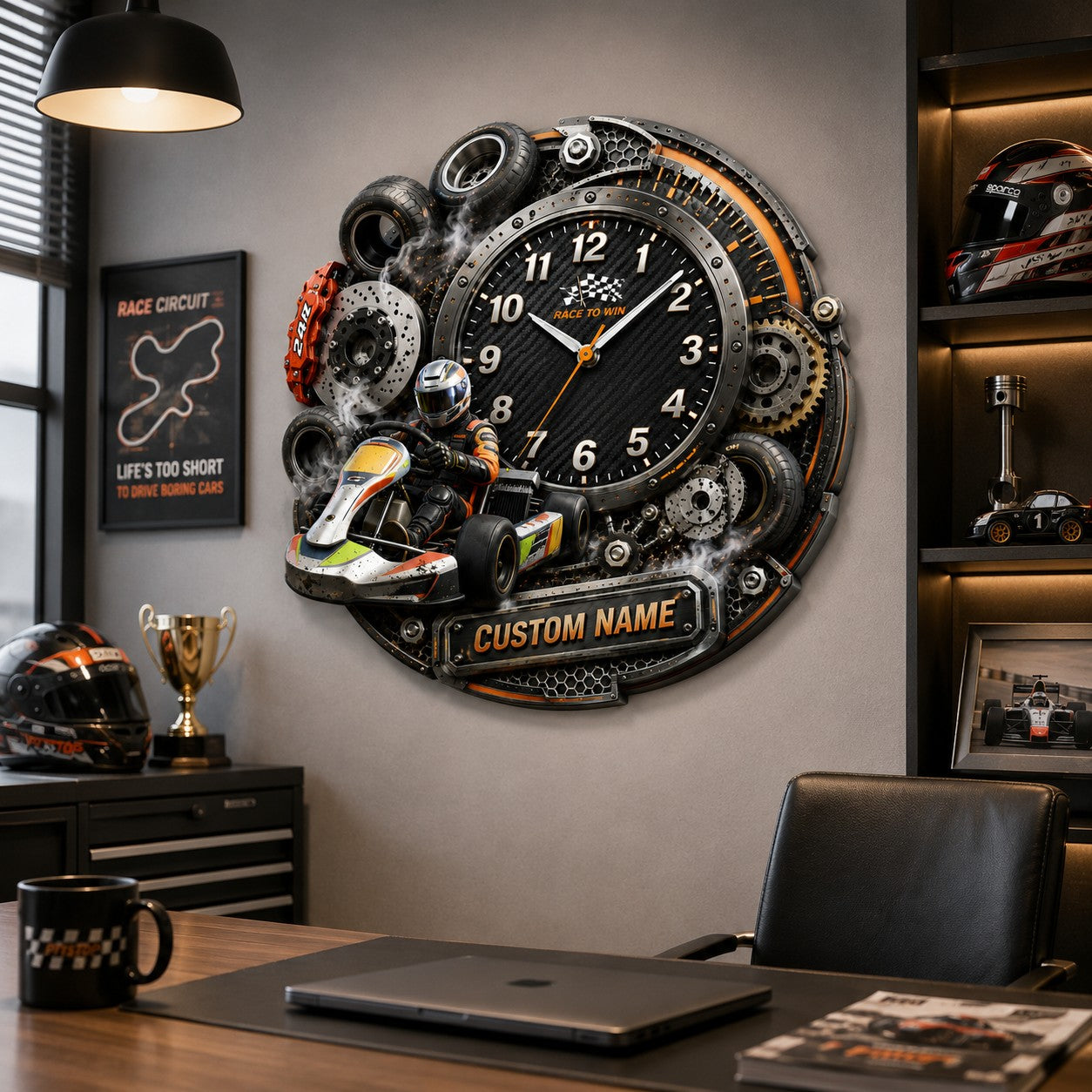 Personalized Karting Competitors Wall Clock with Custom Name — personalized with a custom name
