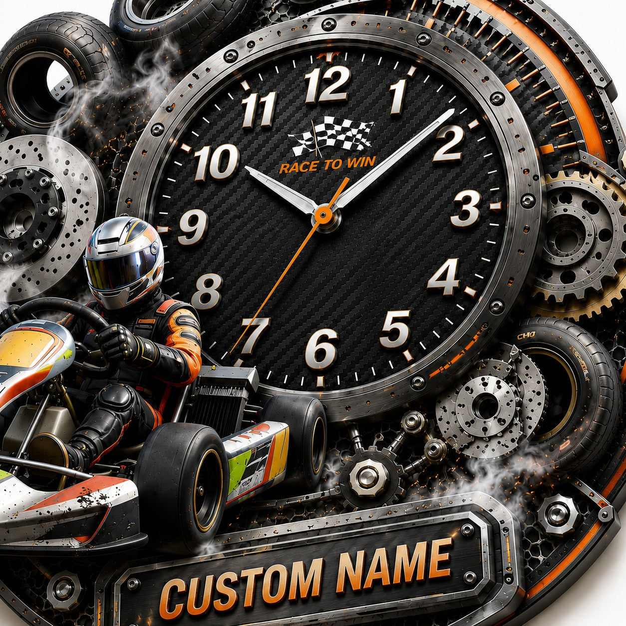 Personalized Karting Competitors Wall Clock with Custom Name — personalized with a custom name
