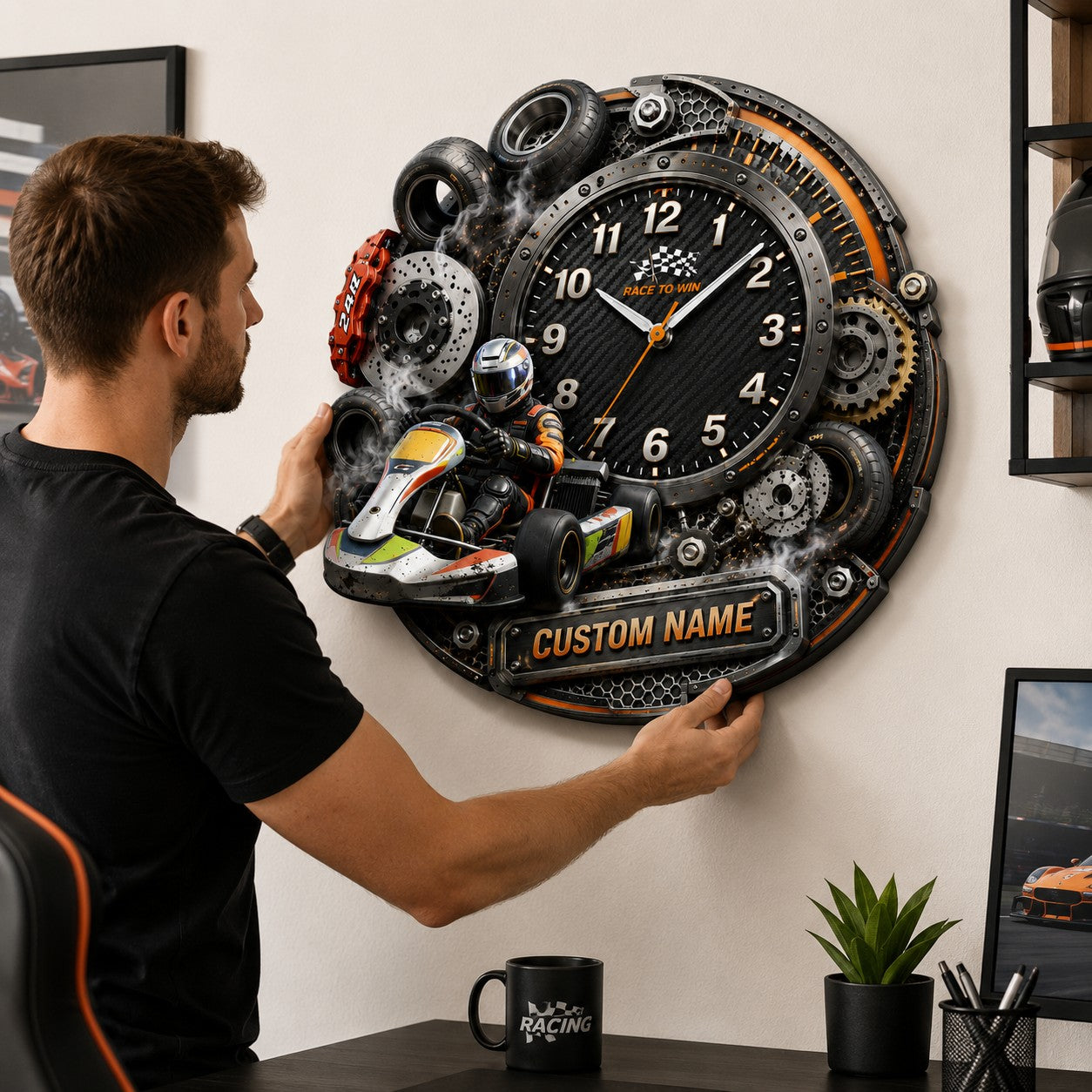 Personalized Karting Competitors Wall Clock with Custom Name — personalized with a custom name
