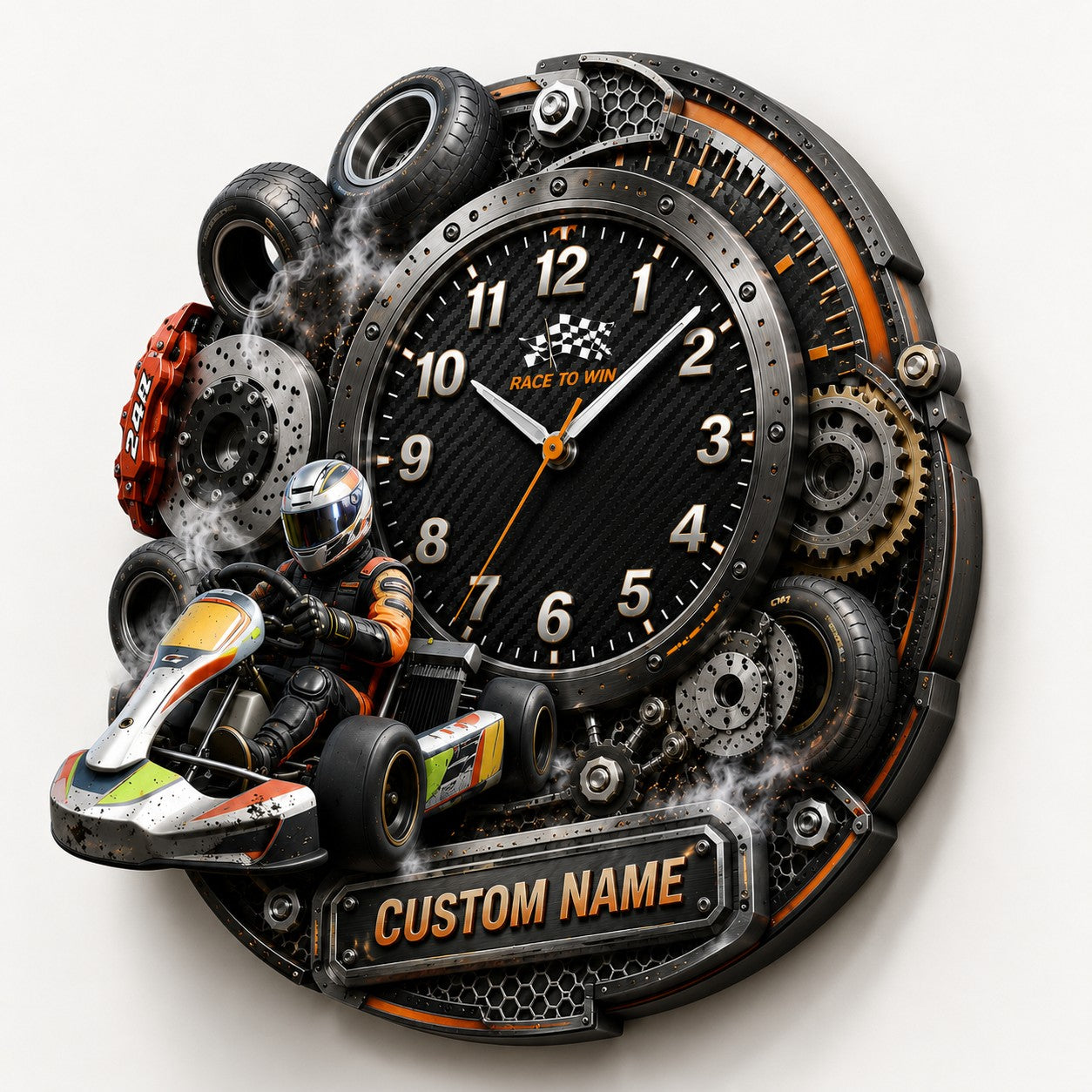 Personalized Karting Competitors Wall Clock with Custom Name — personalized with a custom name