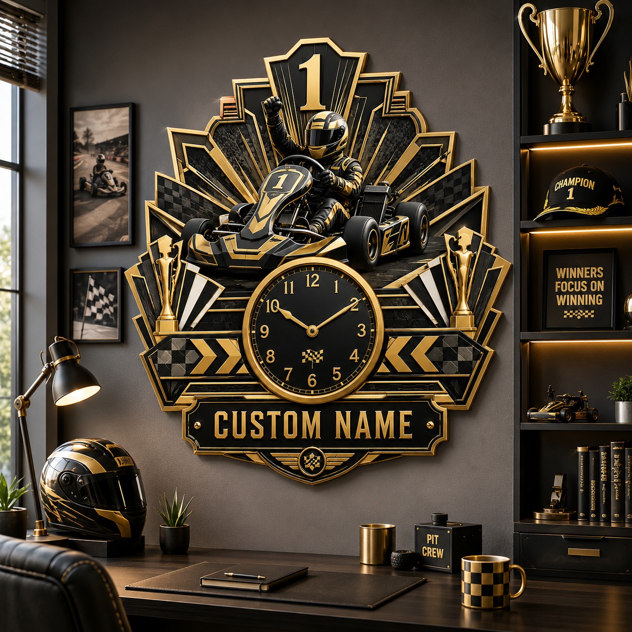 Personalized Youth Kart Racers Wall Clock with Custom Name — personalized with a custom name