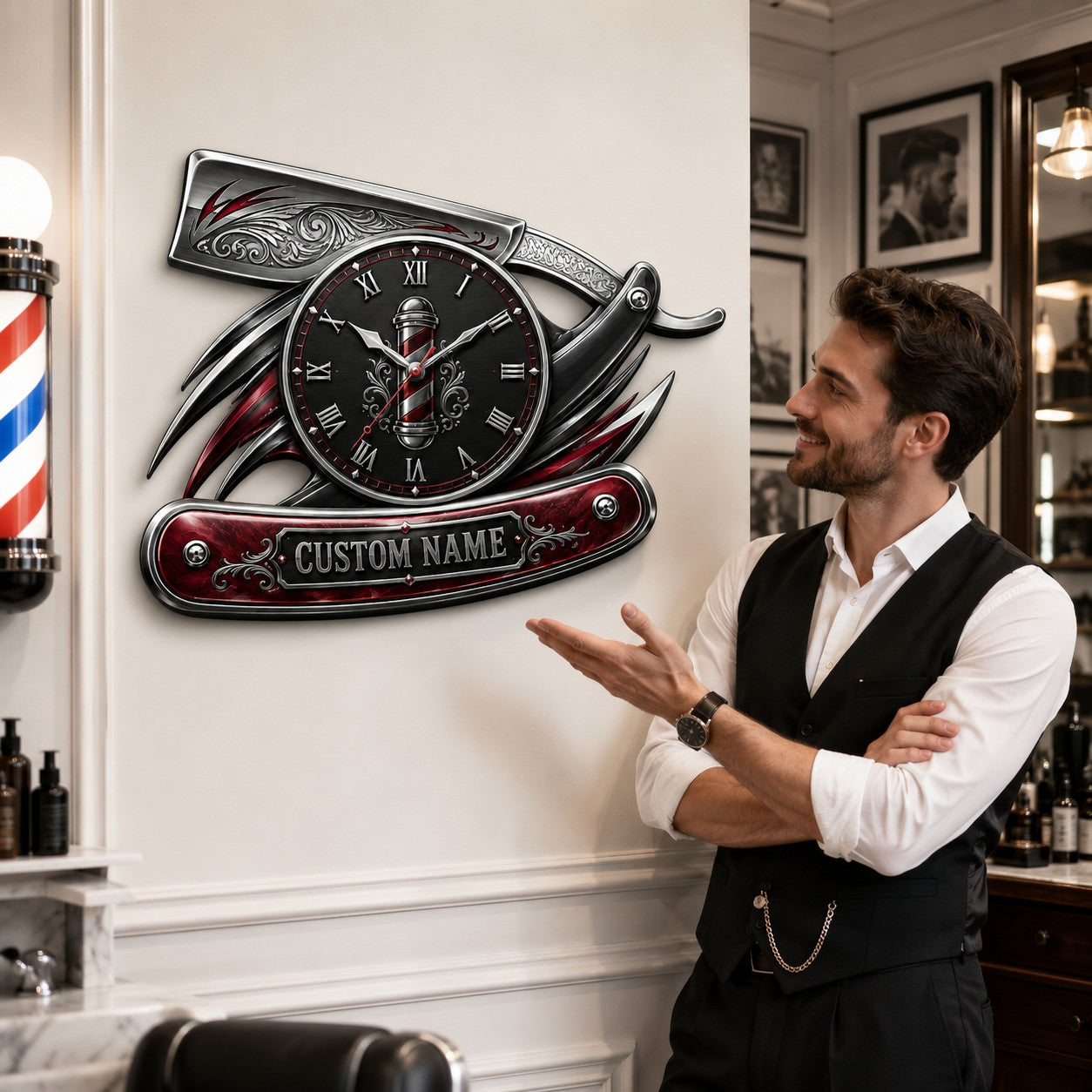 Personalized Straight Razor Wall Clock with Custom Name — personalized with a custom name