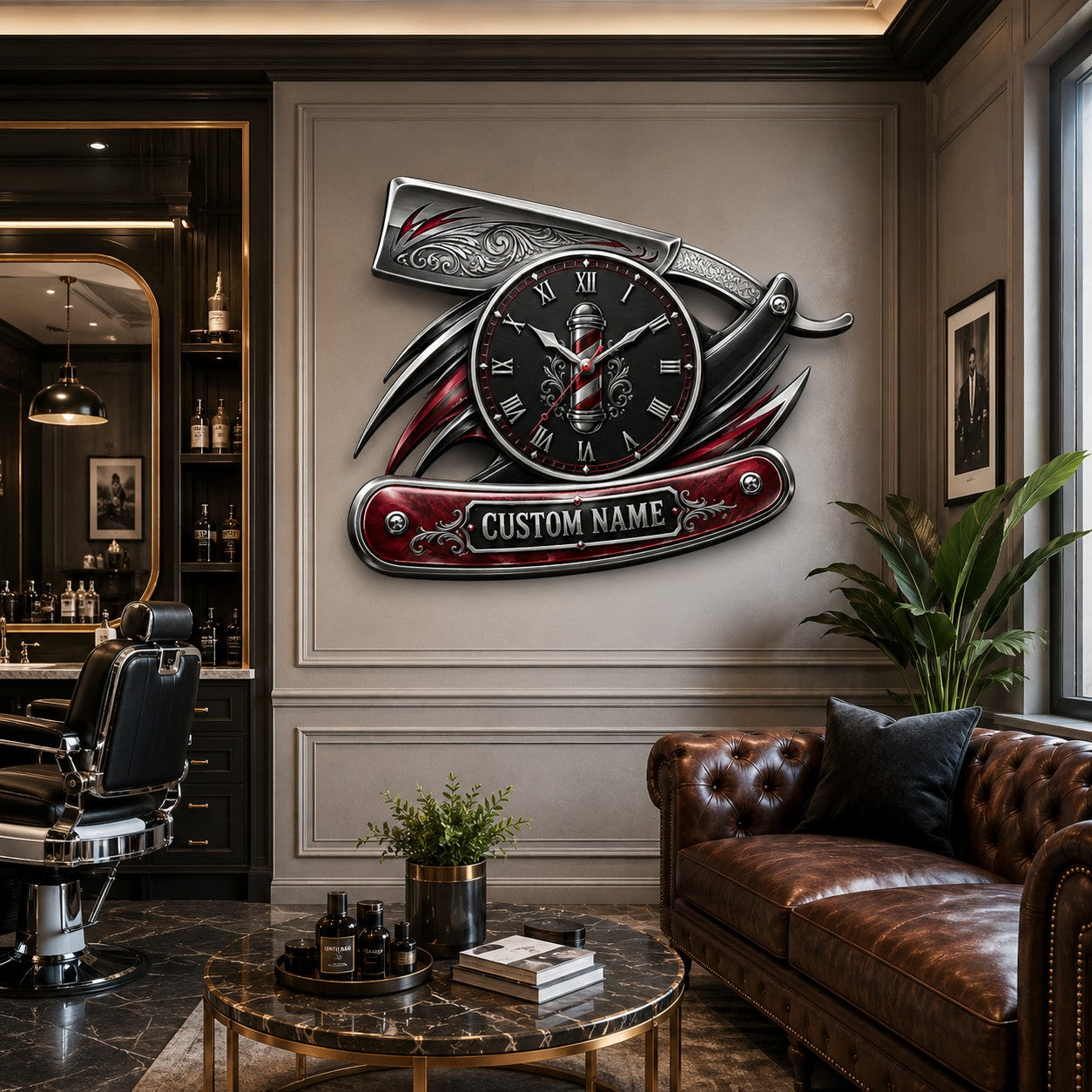 Personalized Straight Razor Wall Clock with Custom Name — personalized with a custom name