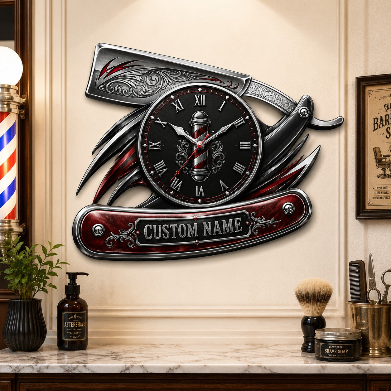 Personalized Straight Razor Wall Clock with Custom Name — personalized with a custom name