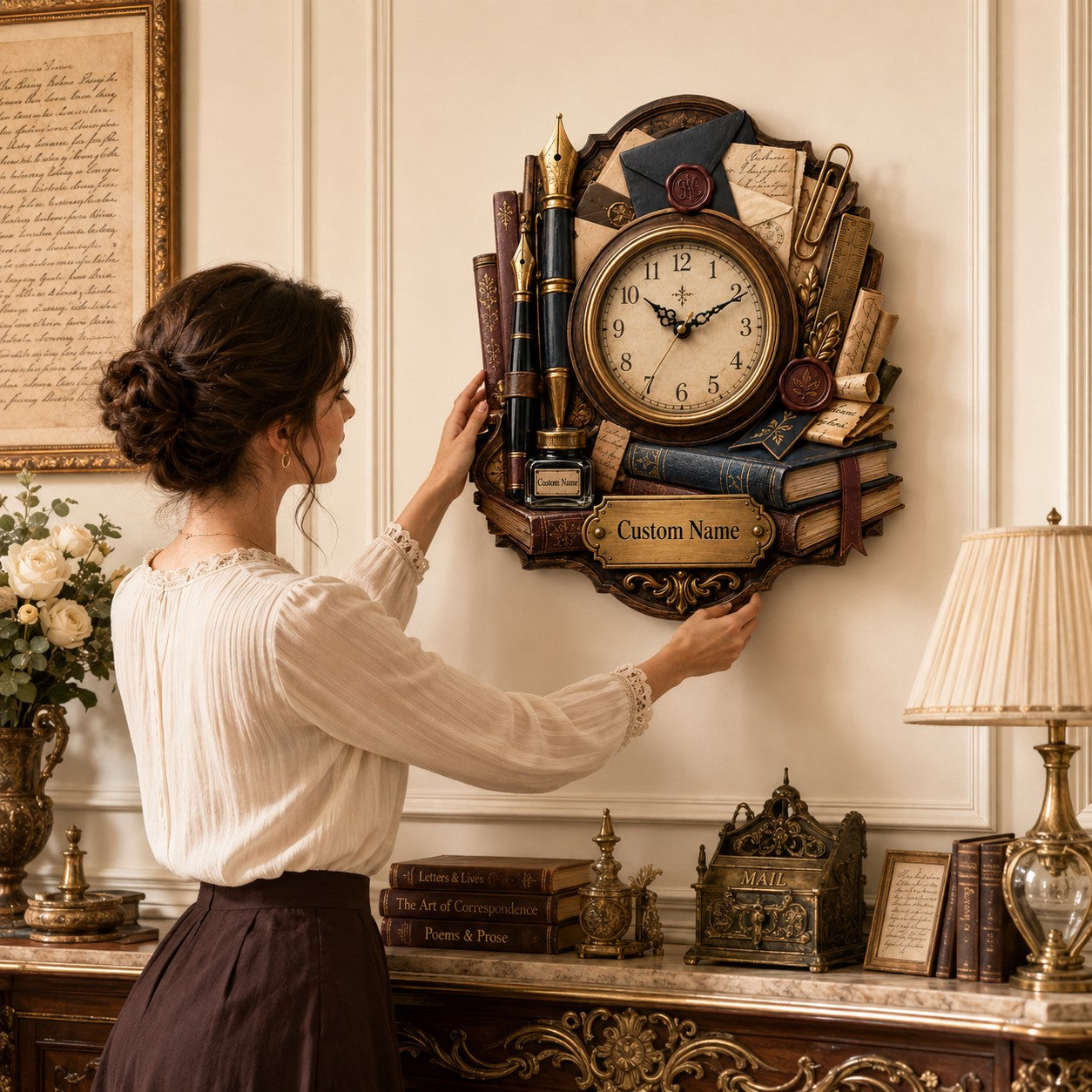 Personalized Vintage Literary Correspondence Wall Clock — personalized with a custom name