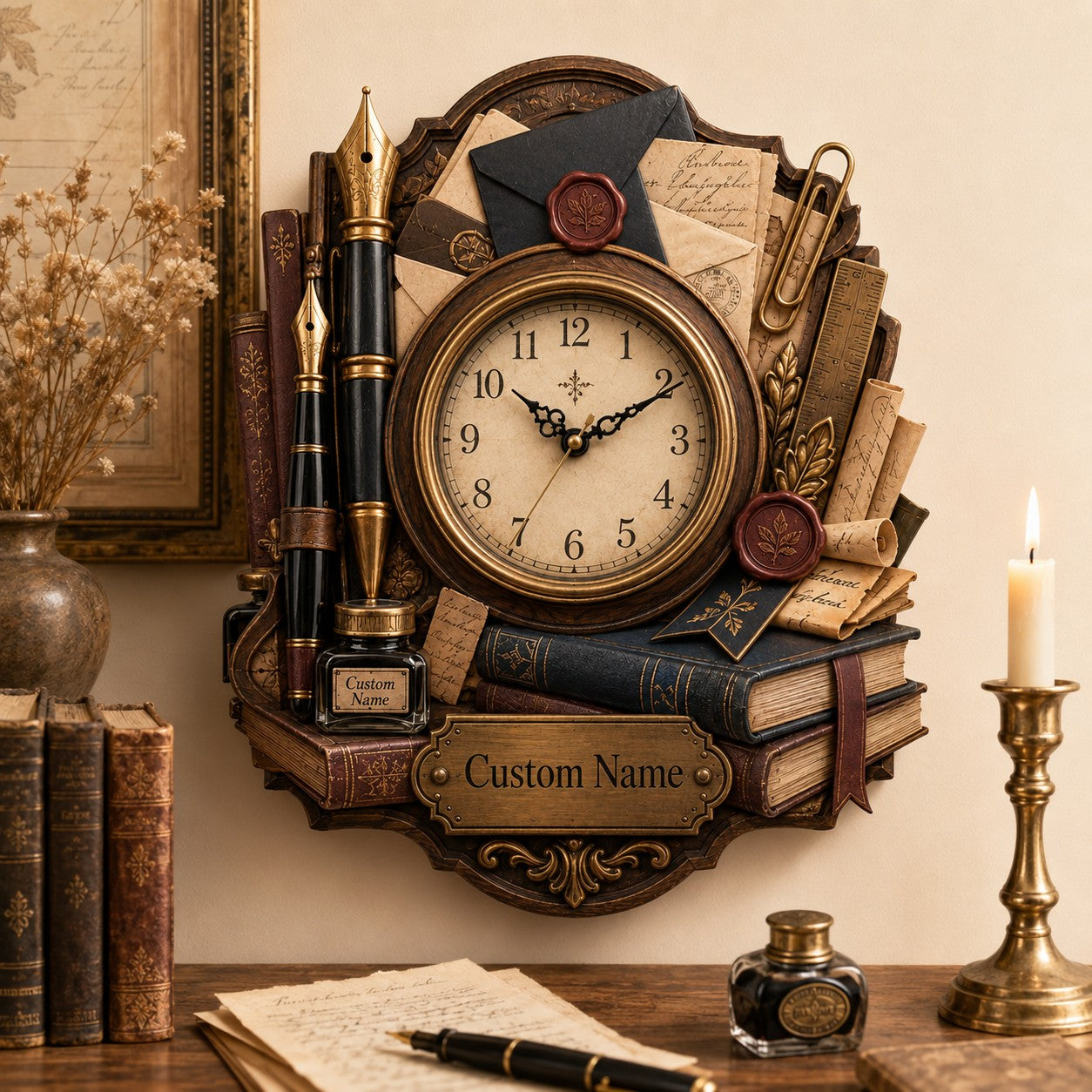 Personalized Vintage Literary Correspondence Wall Clock — personalized with a custom name