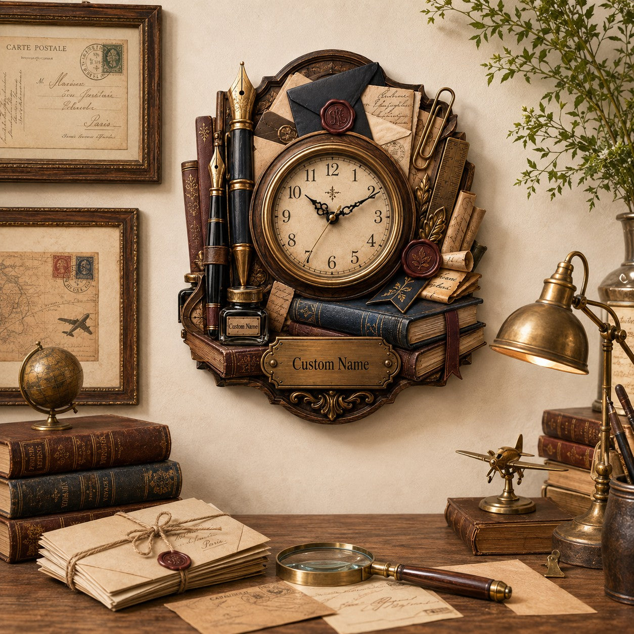 Personalized Vintage Literary Correspondence Wall Clock — personalized with a custom name