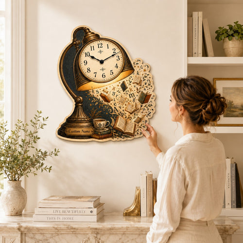 Personalized Book Lover Wall Clock, Custom Name Gift for Book Lovers — personalized with a custom name