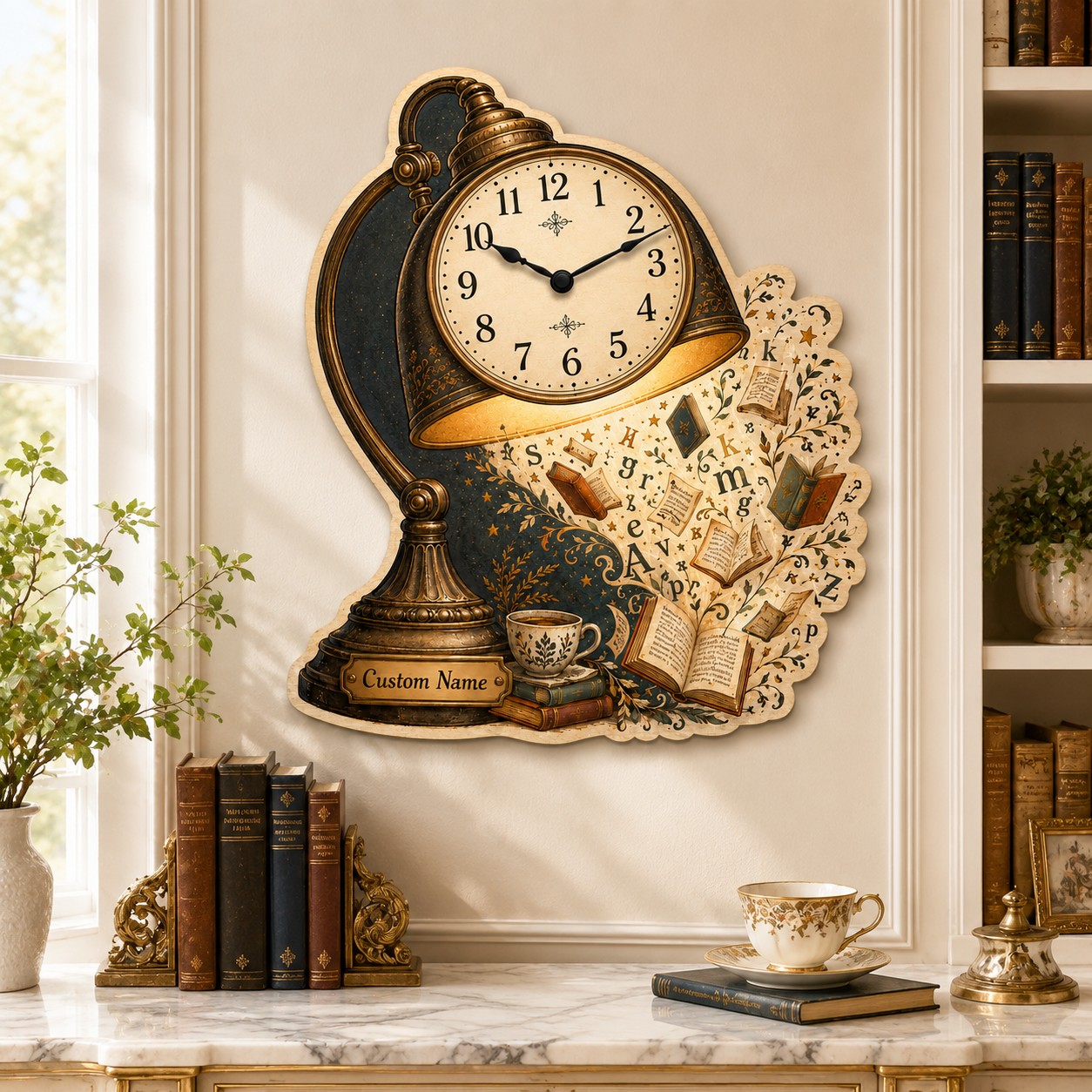 Personalized Book Lover Wall Clock, Custom Name Gift for Book Lovers — personalized with a custom name