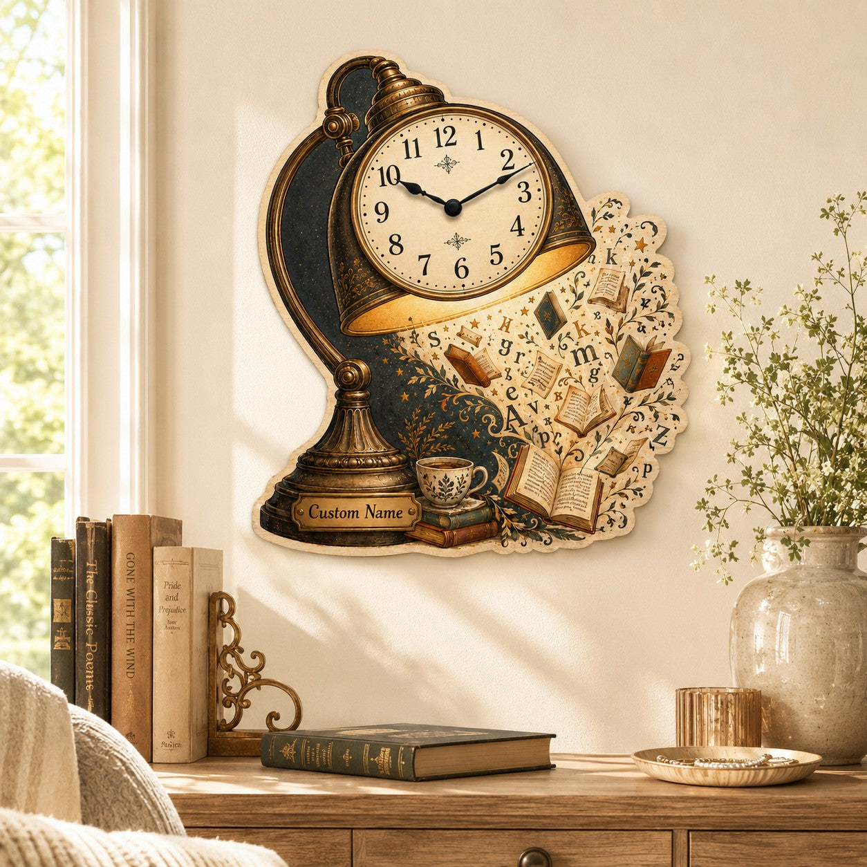 Personalized Book Lover Wall Clock, Custom Name Gift for Book Lovers — personalized with a custom name