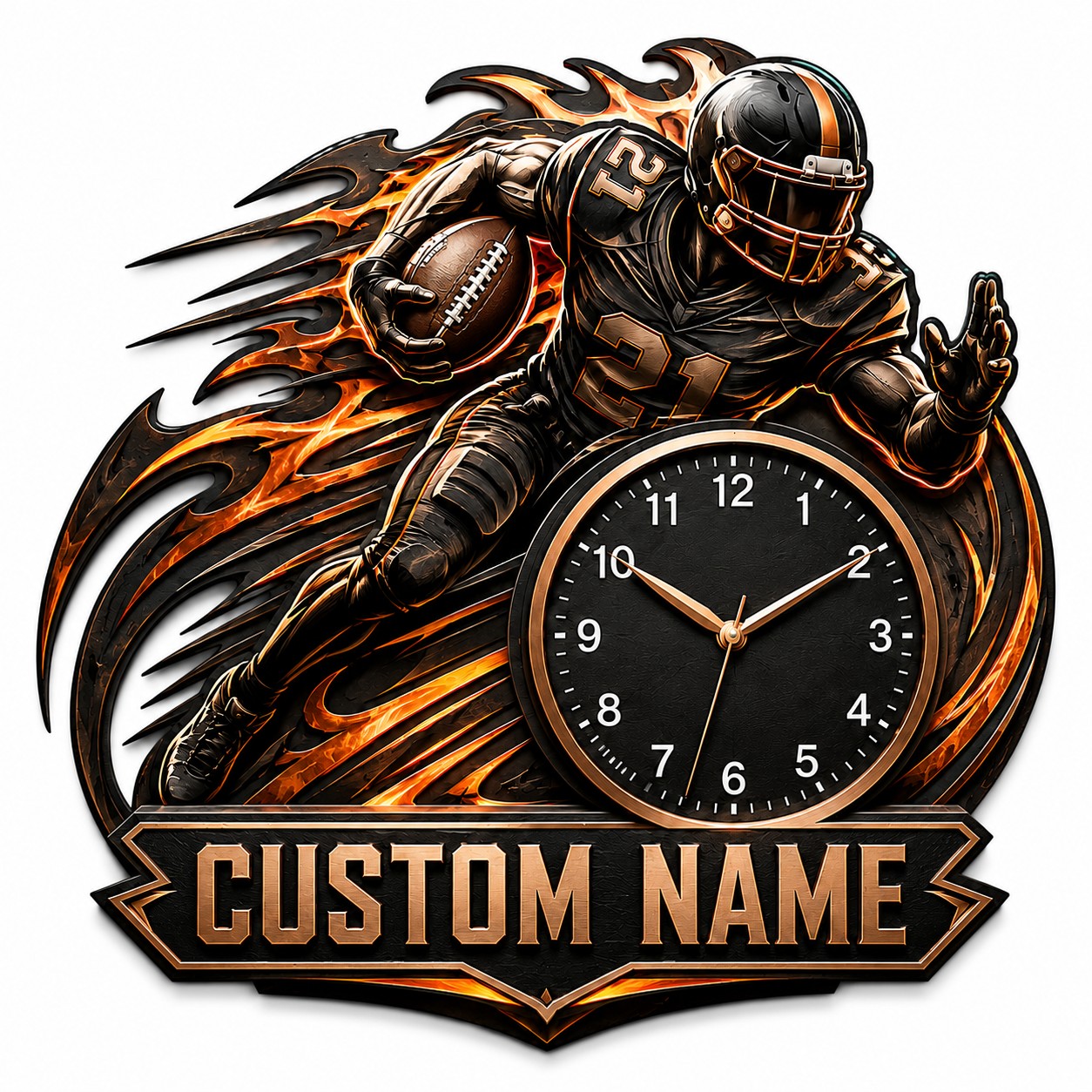 Personalized Football Flame Wall Clock with Custom Name — personalized with a custom name