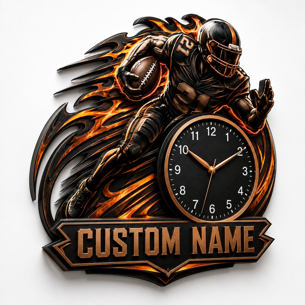 Personalized Football Flame Wall Clock with Custom Name — personalized with a custom name