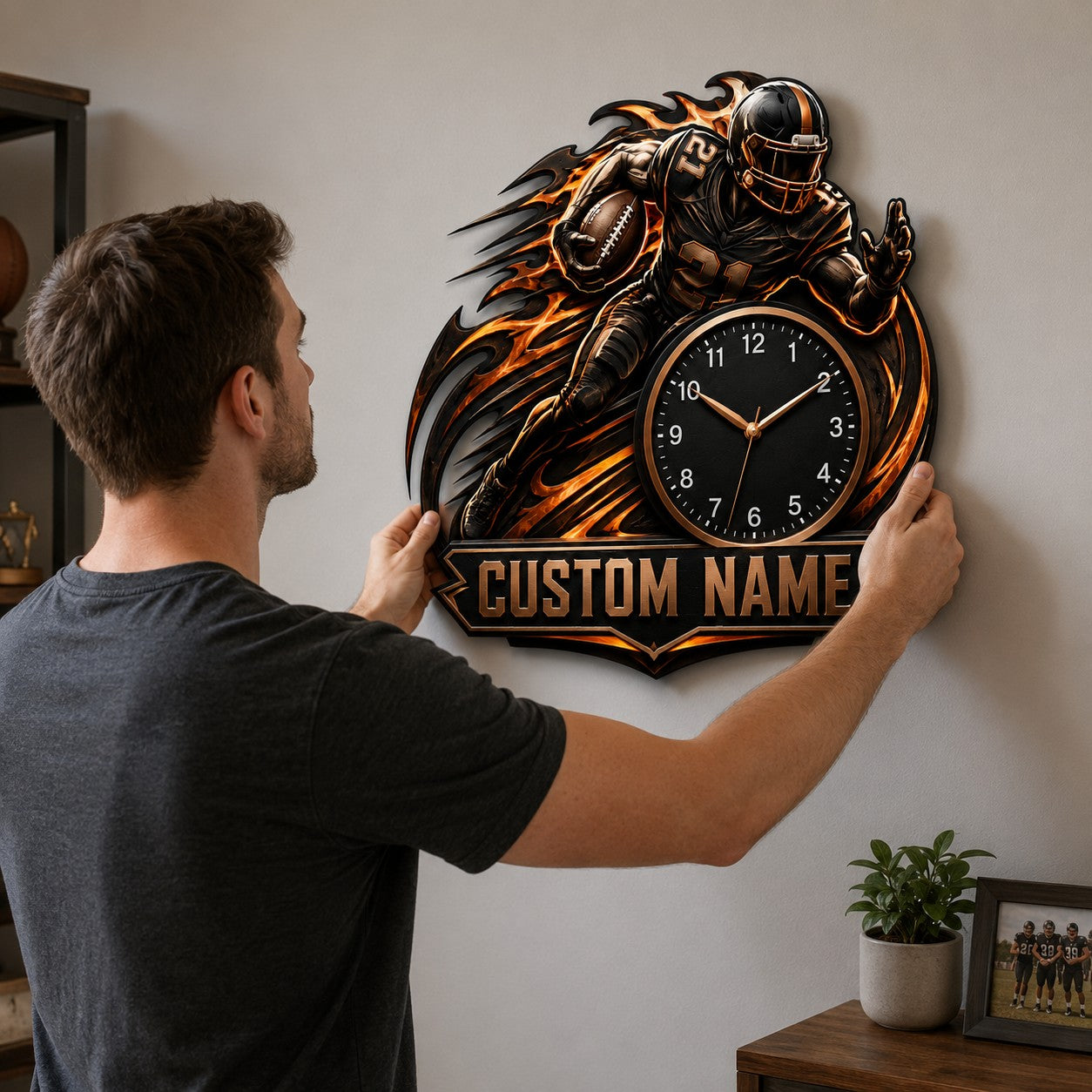 Personalized Football Flame Wall Clock with Custom Name — personalized with a custom name