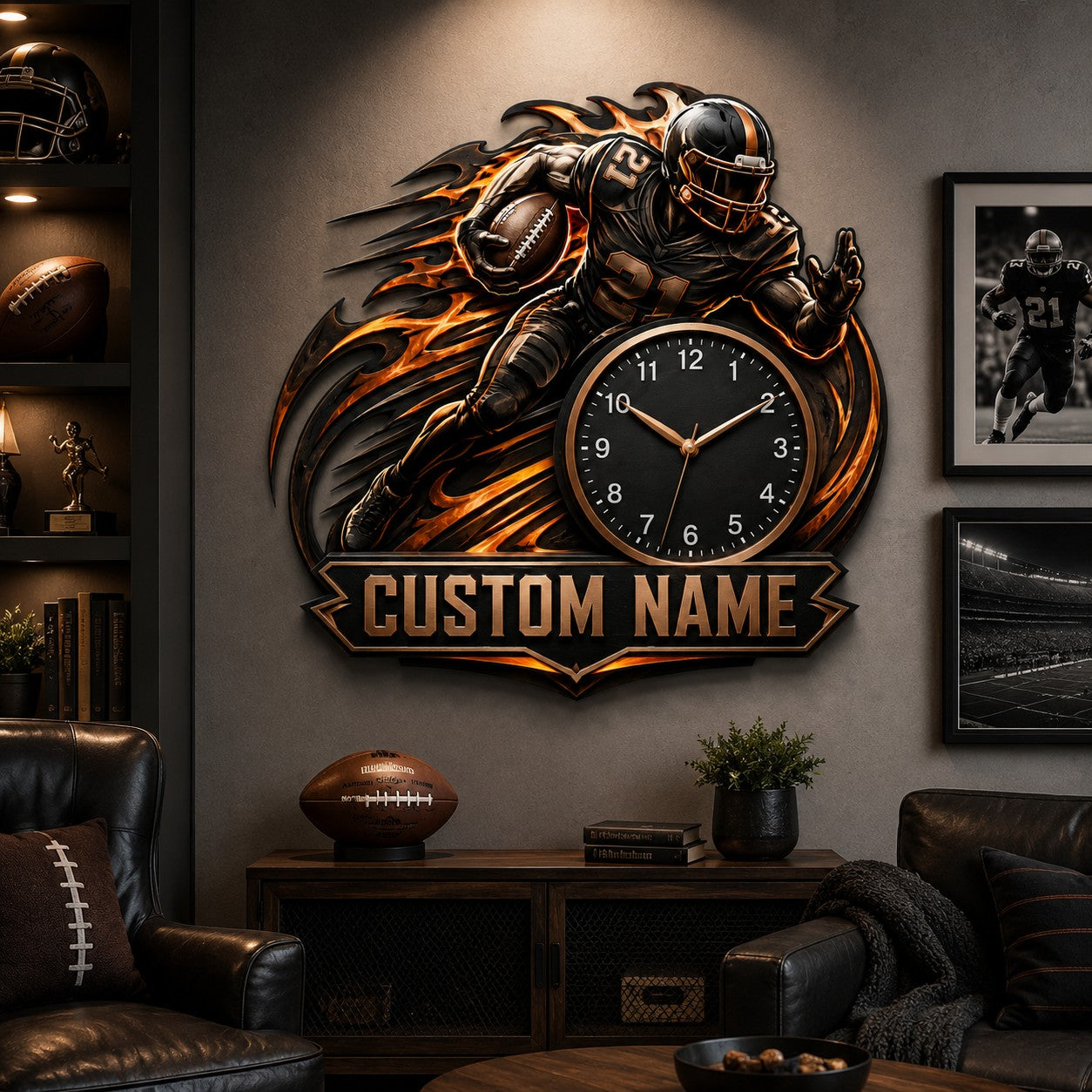 Personalized Football Flame Wall Clock with Custom Name — personalized with a custom name