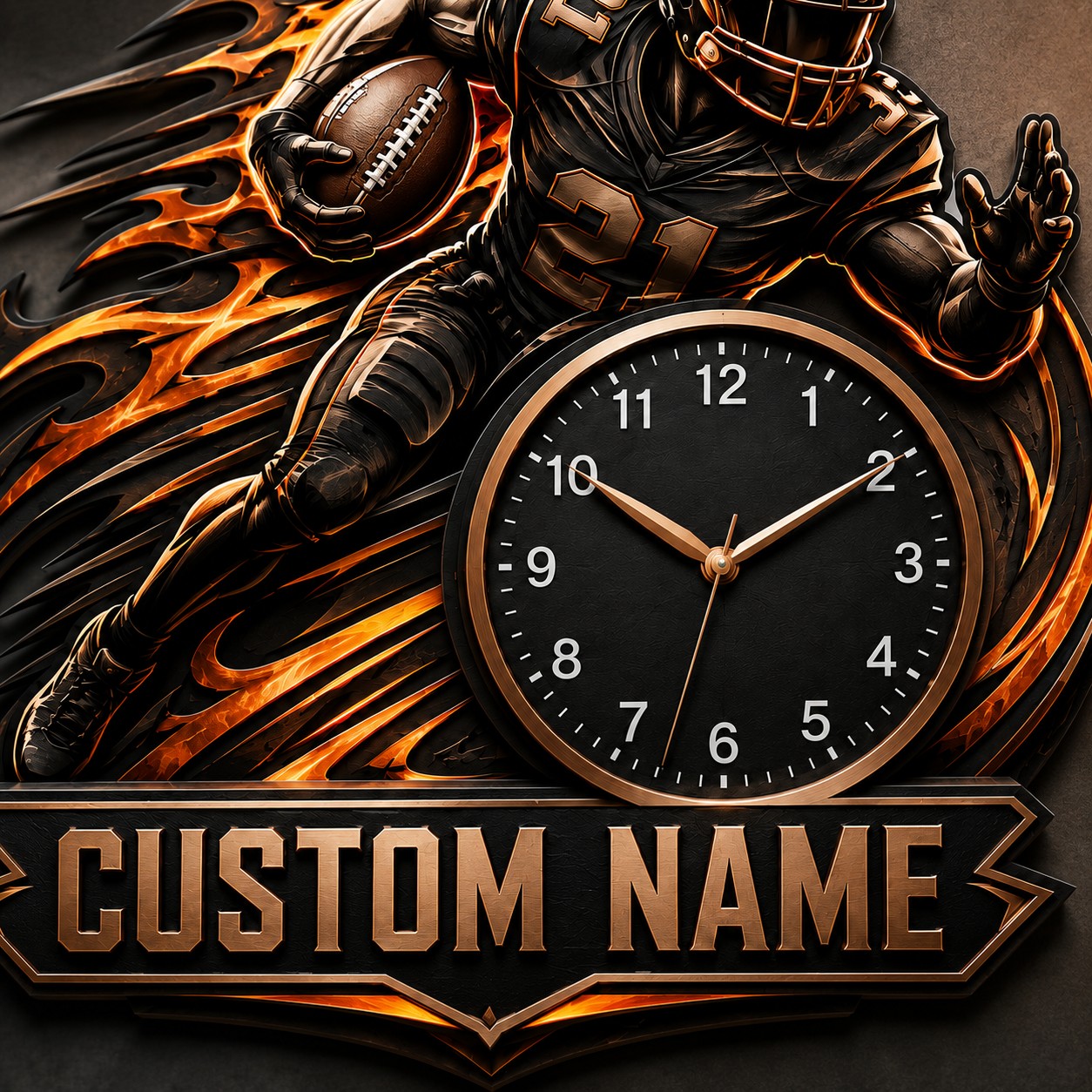 Personalized Football Flame Wall Clock with Custom Name — personalized with a custom name