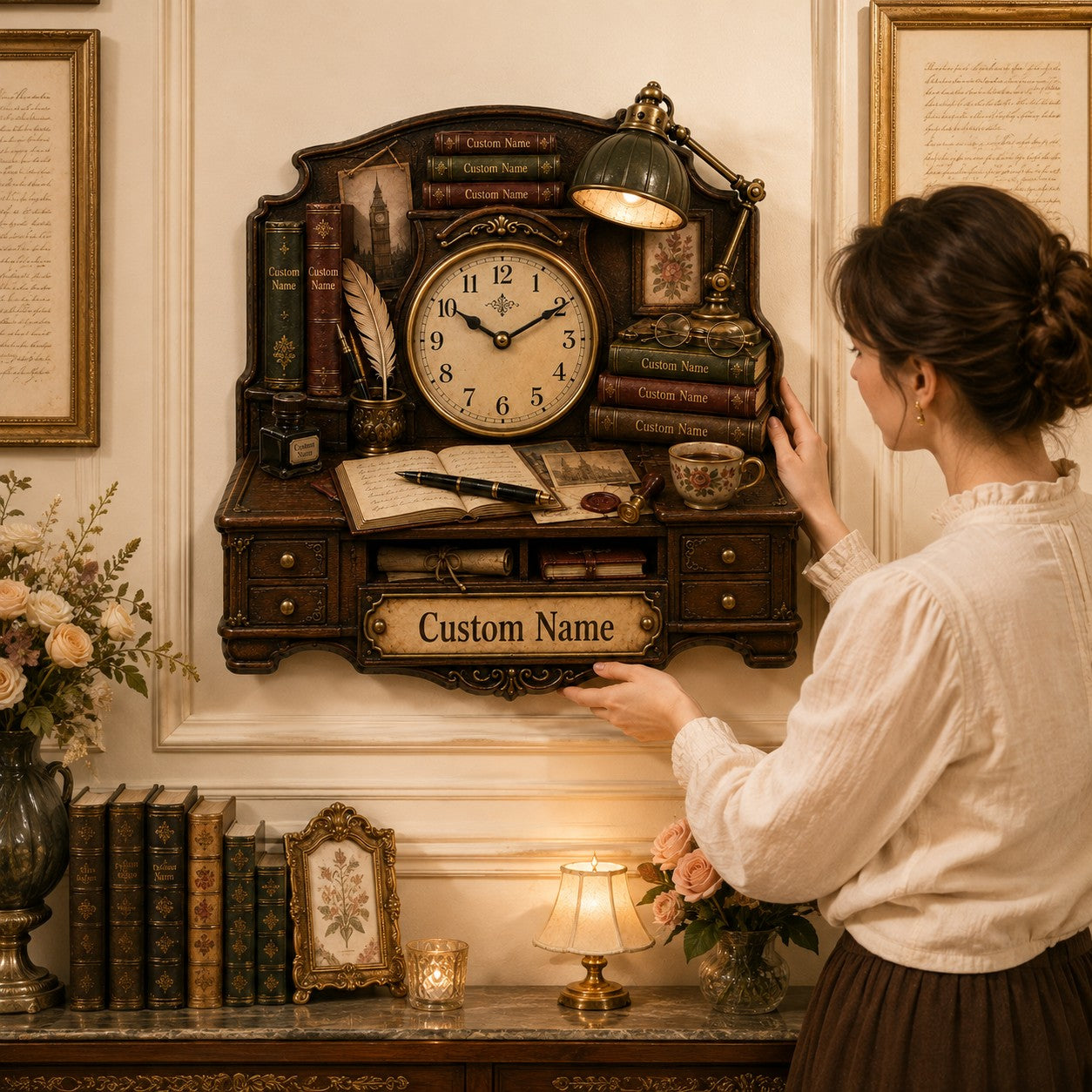 Personalized Vintage Reading Desk Wall Clock with Custom Name — personalized with a custom name