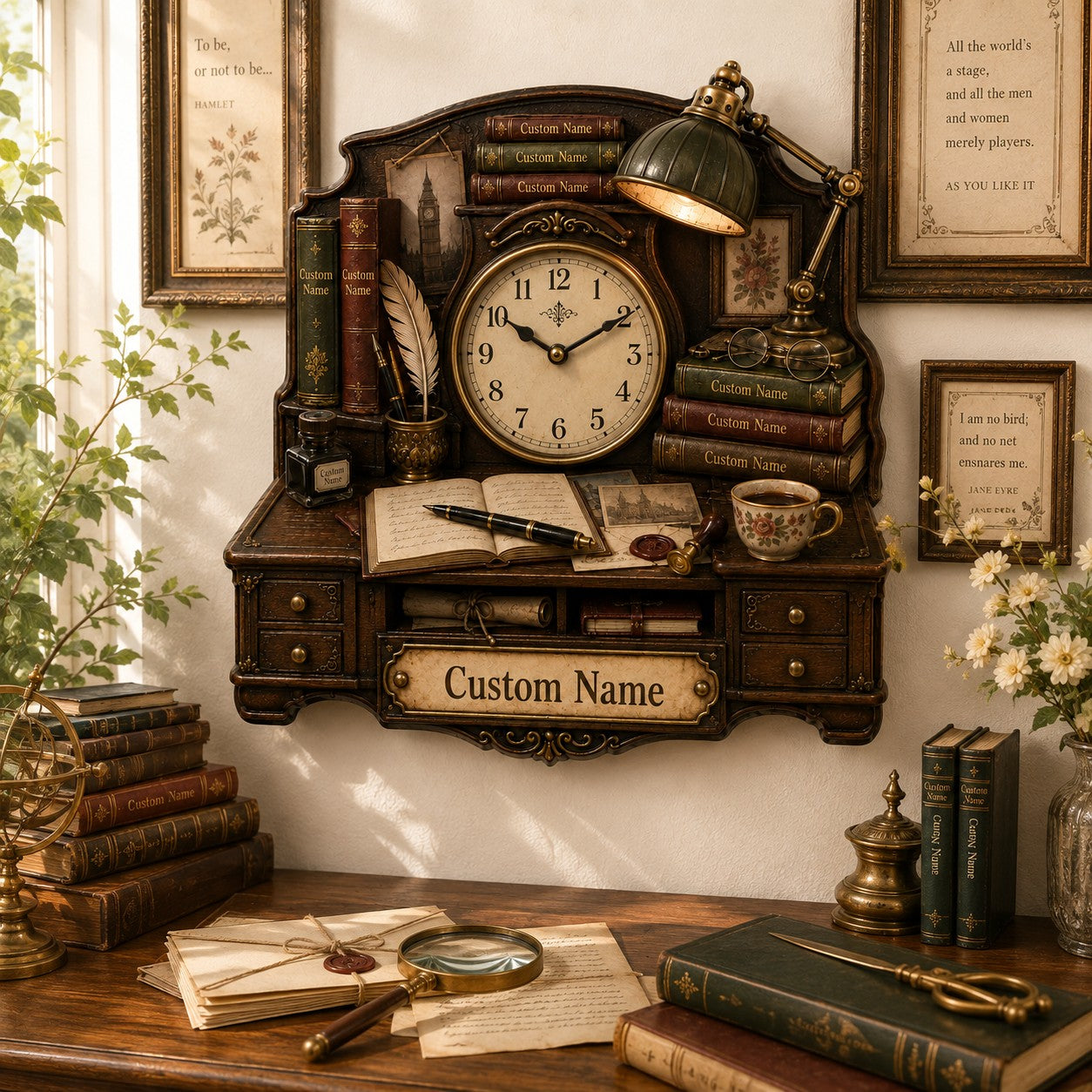 Personalized Vintage Reading Desk Wall Clock with Custom Name — personalized with a custom name