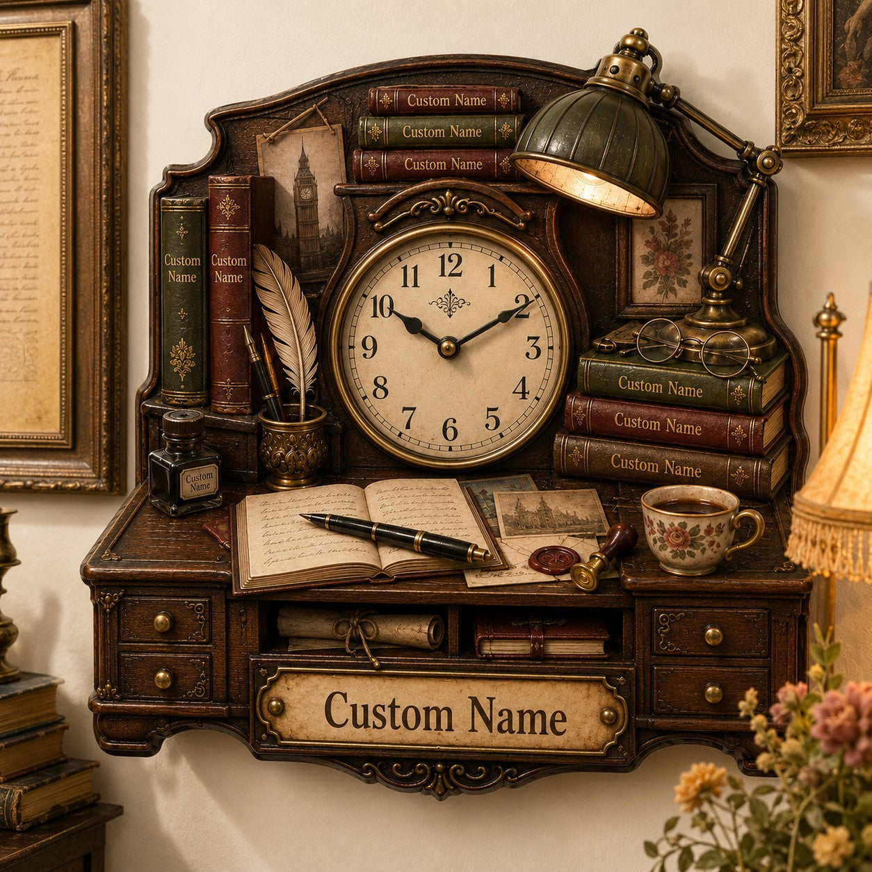 Personalized Vintage Reading Desk Wall Clock with Custom Name — personalized with a custom name