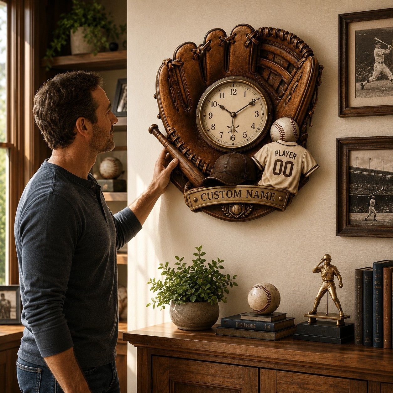 Personalized Baseball Wall Clock, Custom Name Gift for Baseball Fans — personalized with a custom name